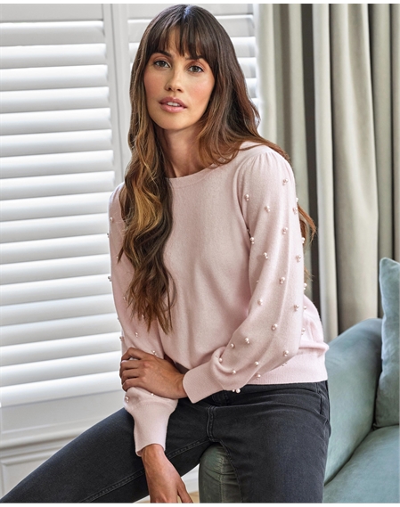 Cashmere Scattered Pearl Sleeve Jumper