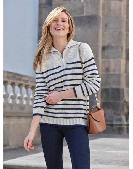 Organic Cotton Striped Zip Neck Sweater