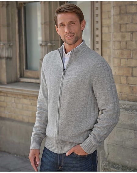 Wool Cashmere Ribbed Zip Through Cardigan