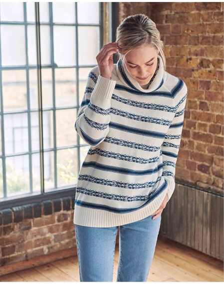 Wool Cashmere Striped Drape Neck Sweater