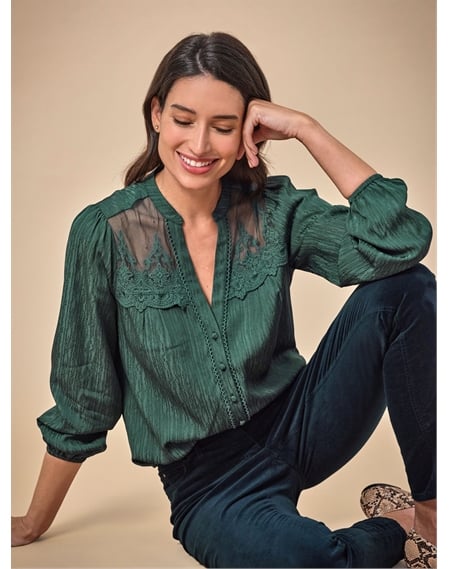 Notch Neck Lace Trim Blouse