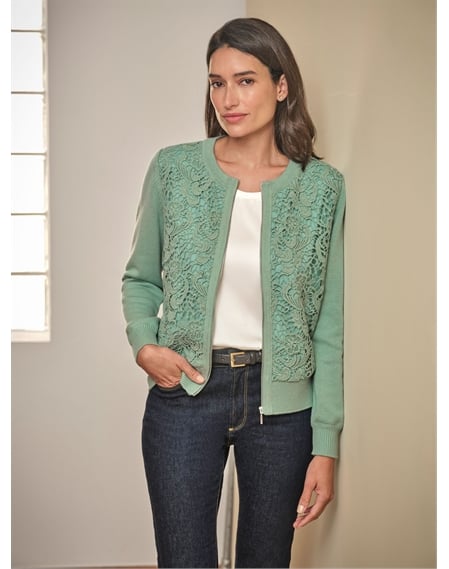 Wool Blend Lace Zip Cardigan