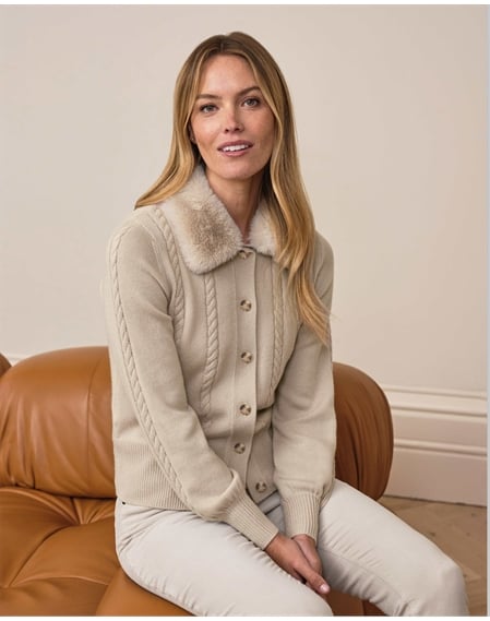 Wool Cashmere Fur Trim Cable Cardigan