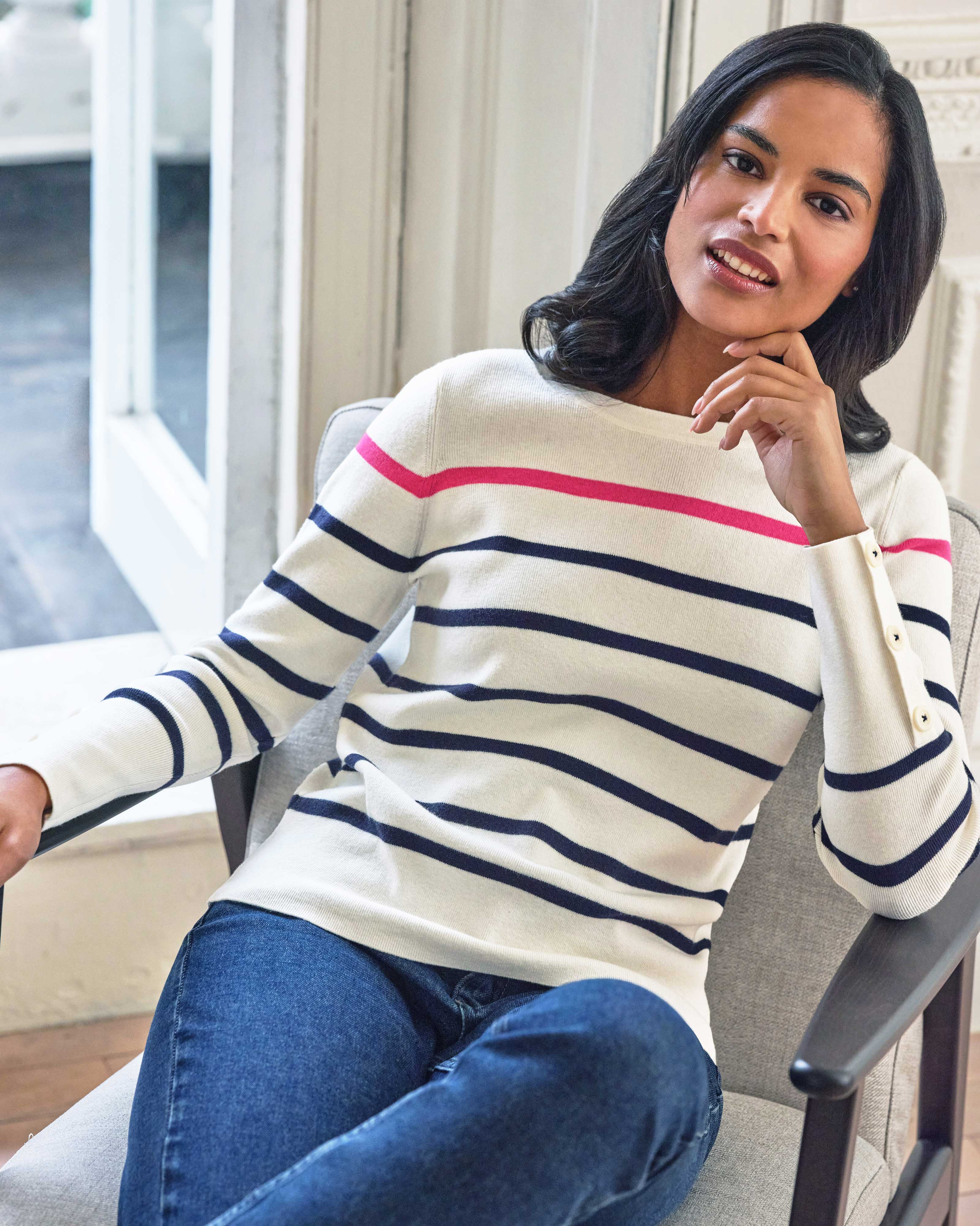 Navy/White/Red | Wool Cotton Stripe Button Sleeve Sweater | Pure Collection