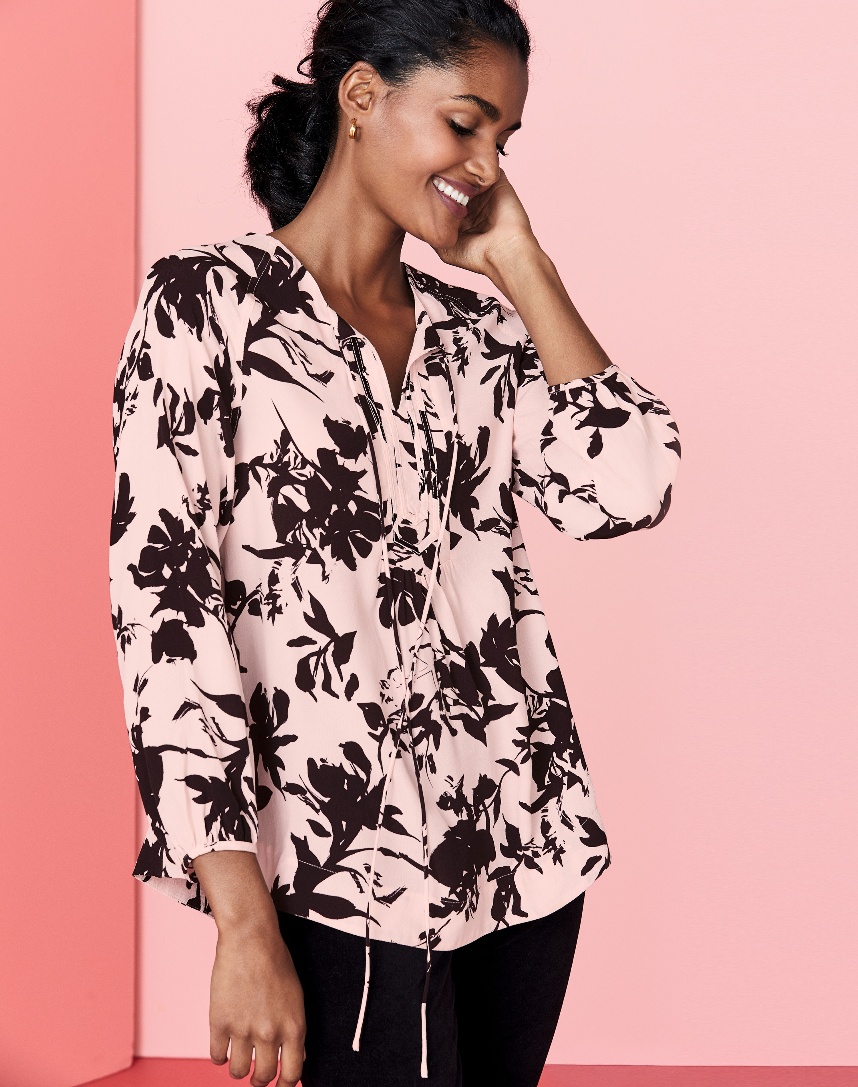 Pink/Aubergine Floral Printed Tie Neck Blouse Pure Collection