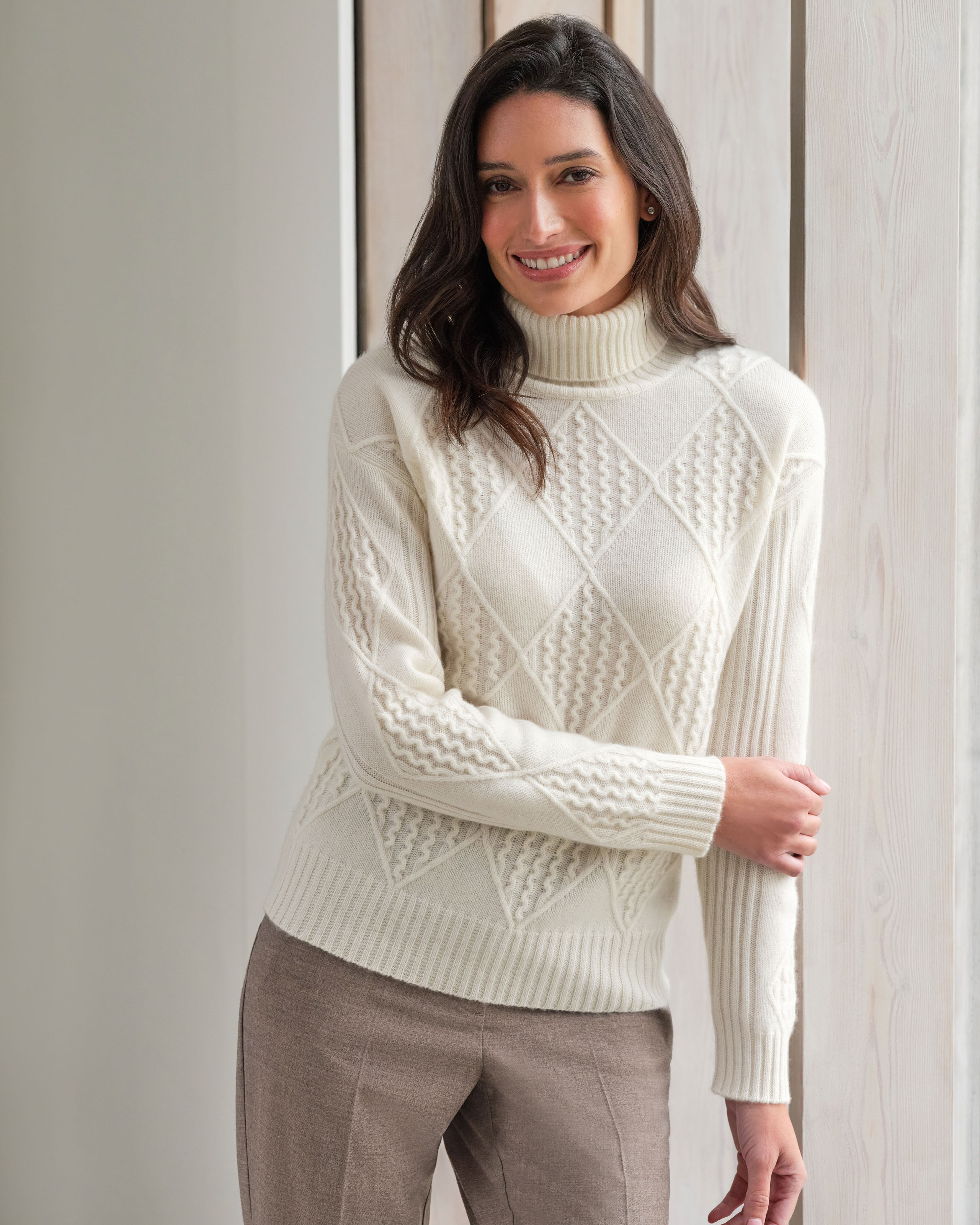 Soft White | Cashmere Textured Roll Neck Sweater | Pure Collection