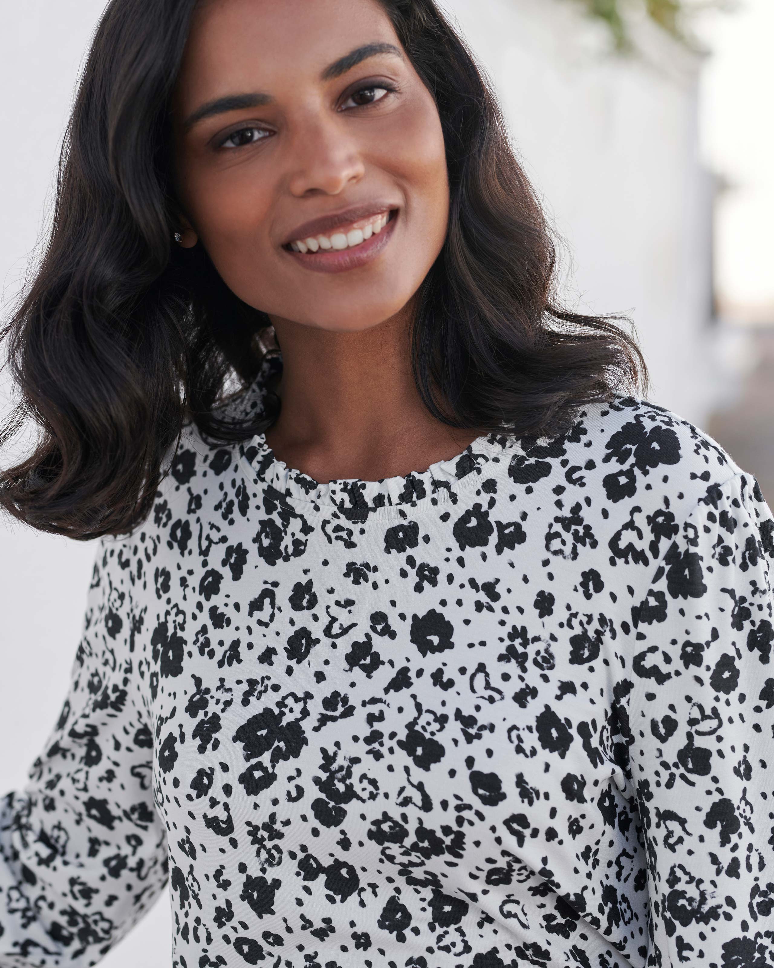 White/Black Floral | Ruffle Detail Jersey Top | Pure Collection