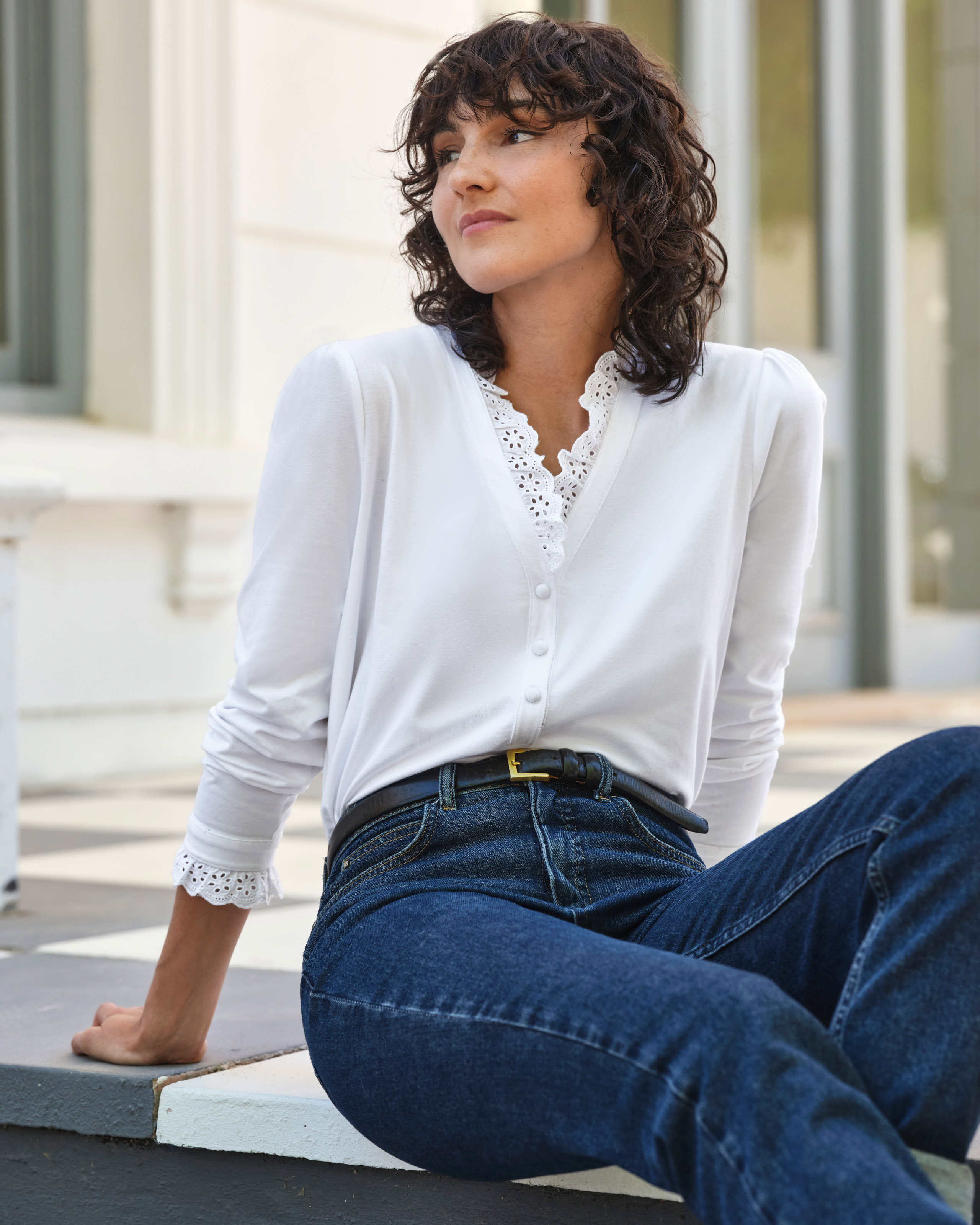 White Thread Top White | Broderie Half Frill Layering Top | Pure Collection