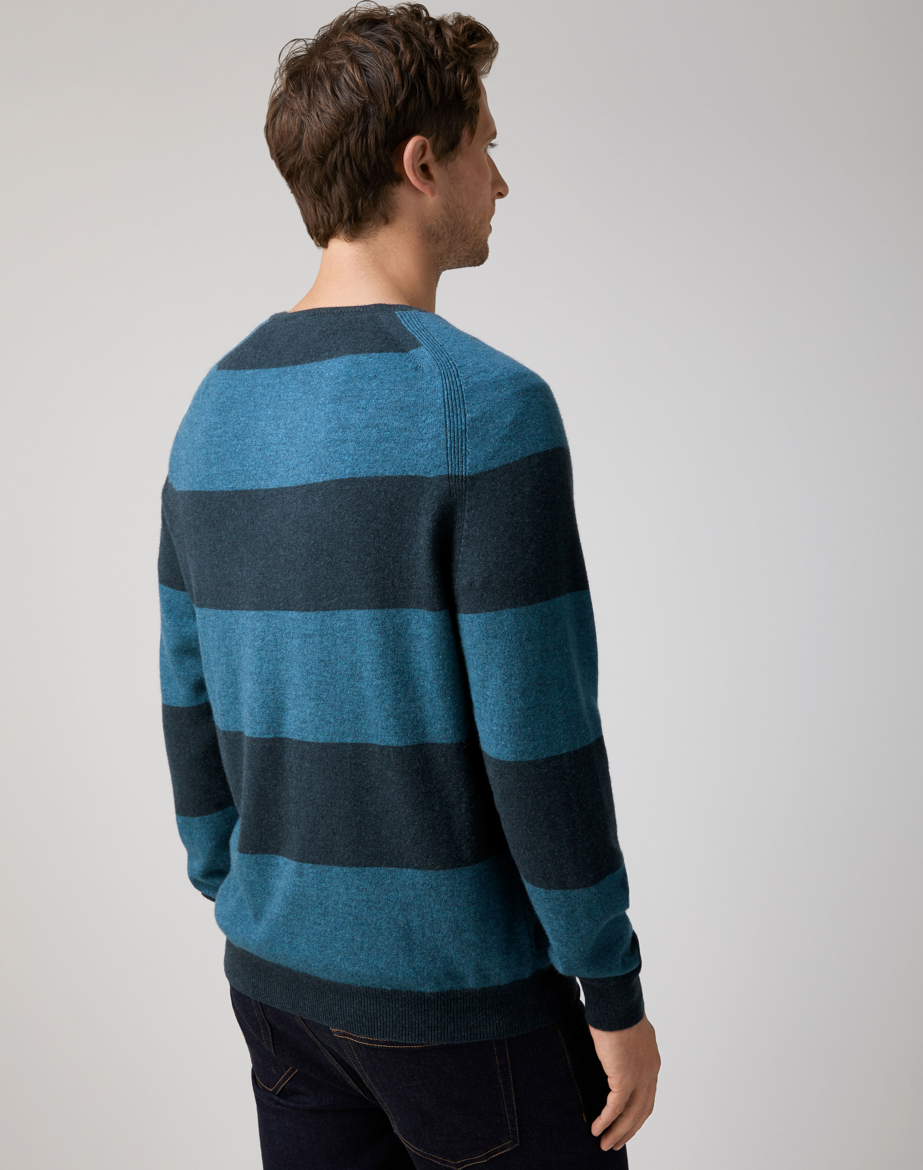 Scottish Teal/Ink Stripe Mens Cashmere Crew Neck Sweater Pure