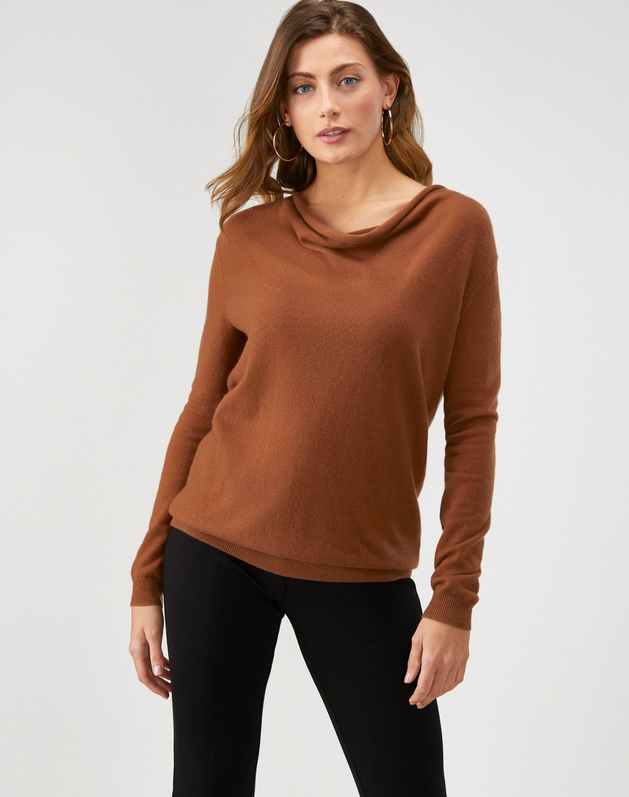 Cognac | Cashmere Boyfriend Drape Neck Sweater | Pure Collection