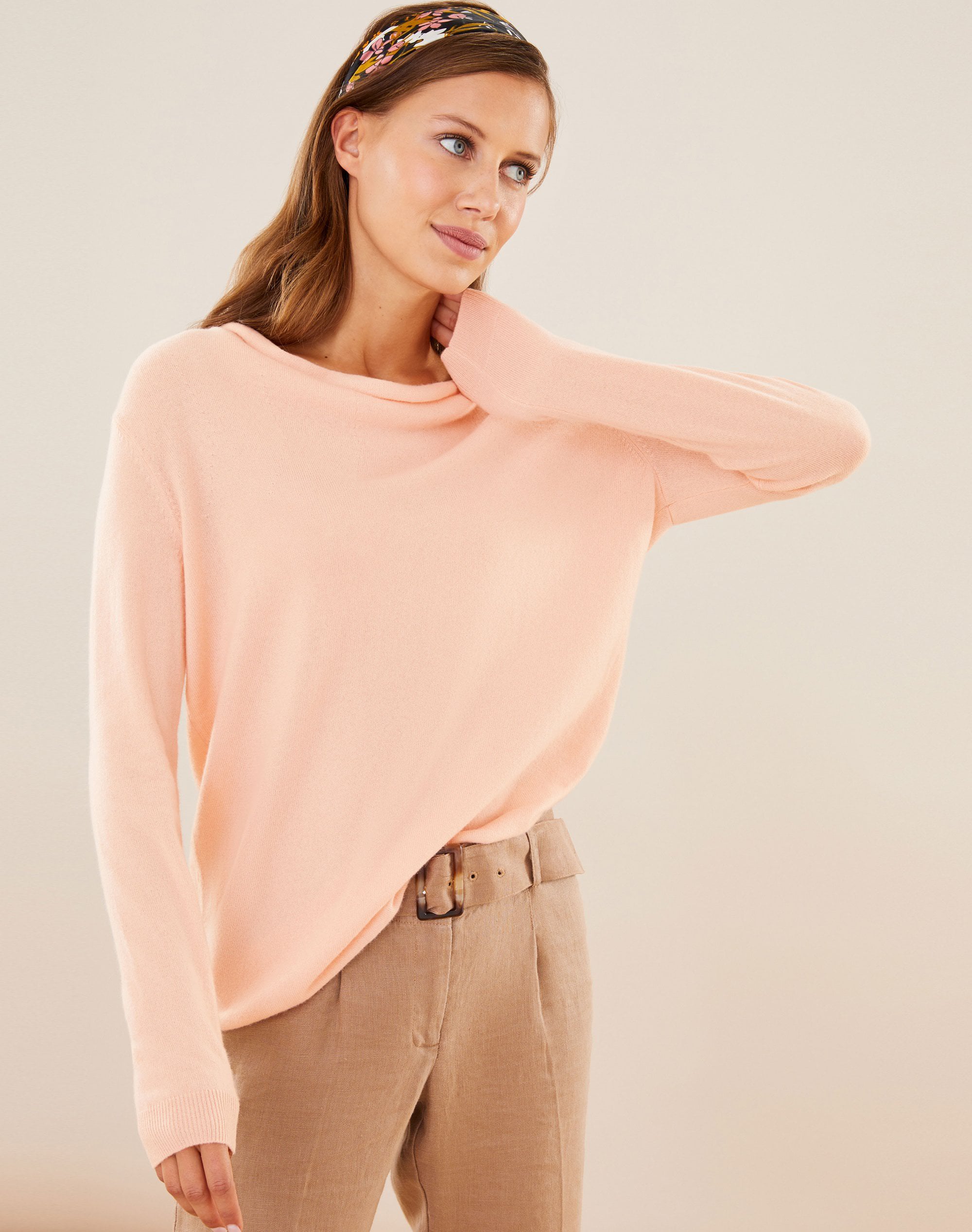 Peach Blush Cashmere Boyfriend Drape Neck Sweater Pure Collection