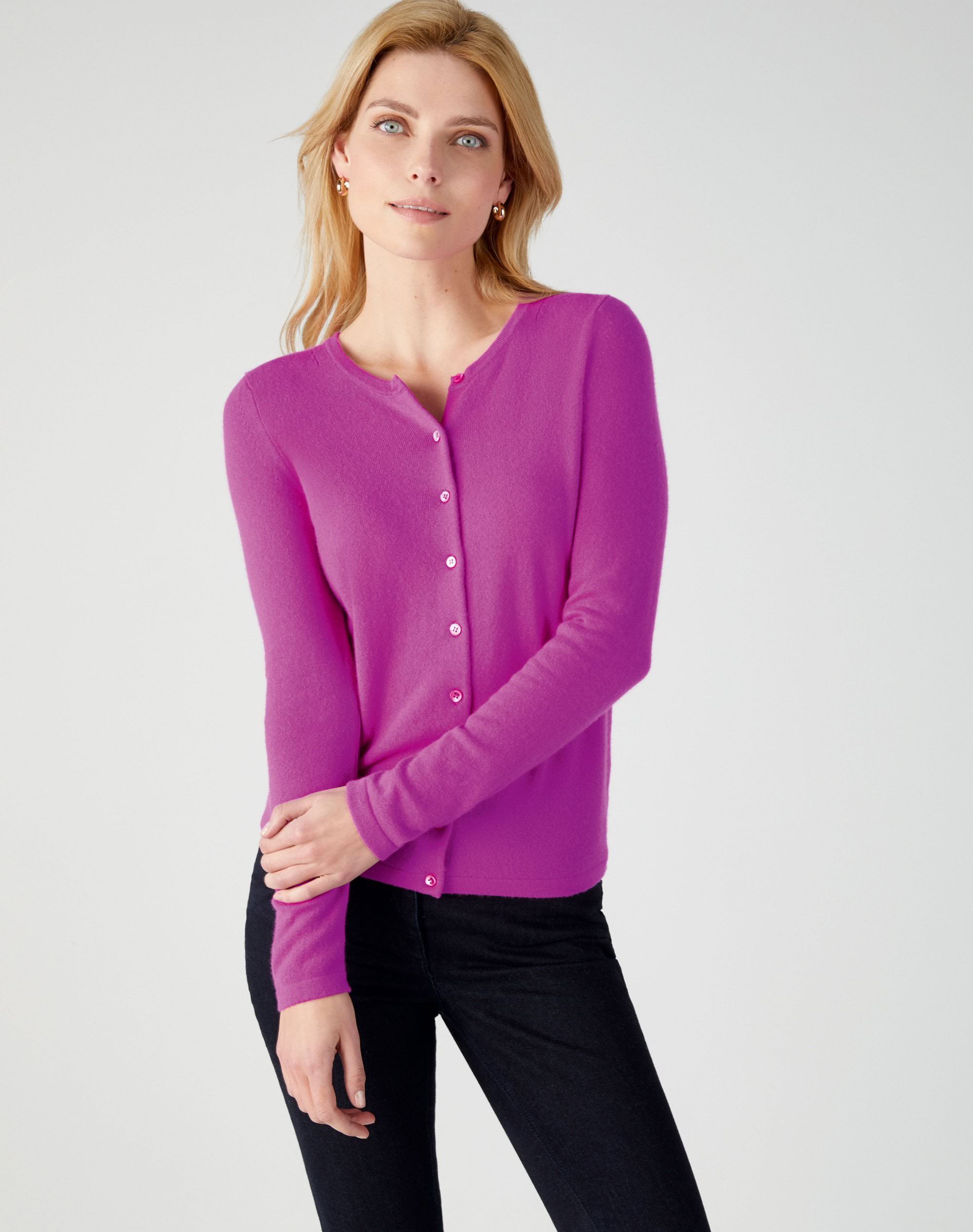 Hot Magenta | Cashmere Crew Neck Cardigan | Pure Collection