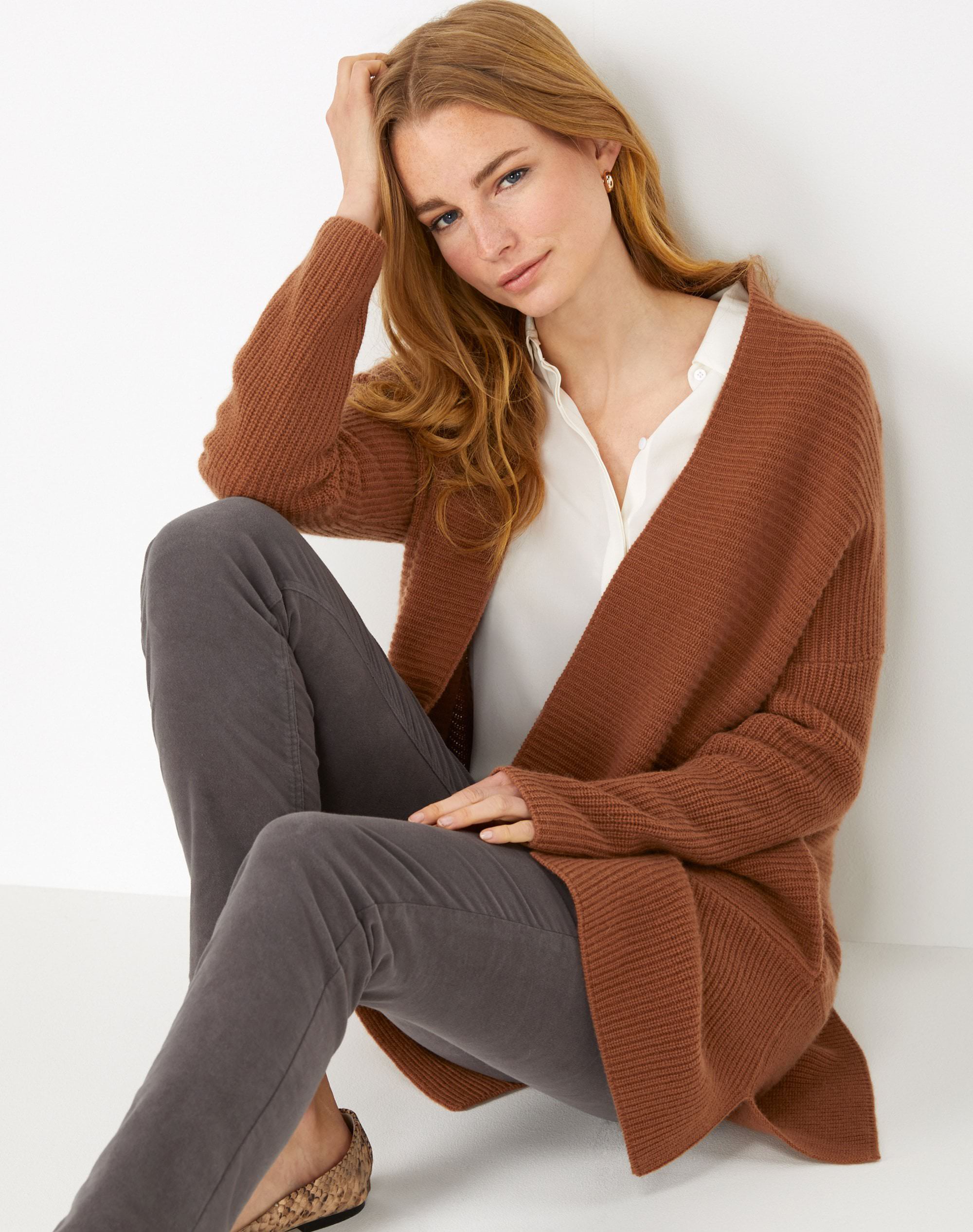 Cognac | Cashmere Lofty Ribbed Cardigan | Pure Collection