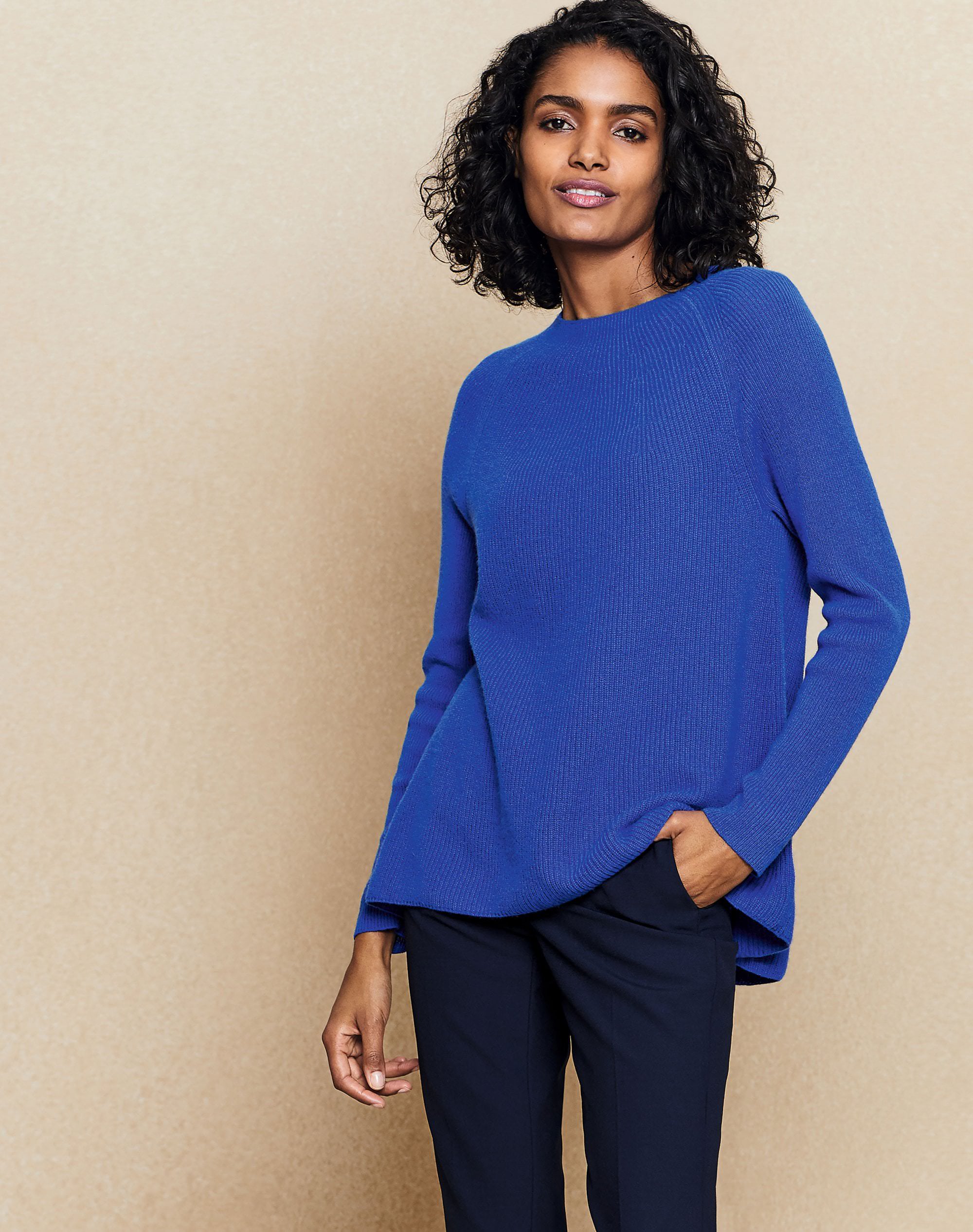 Dark Cobalt | Cashmere Ribbed Swing Sweater | Pure Collection