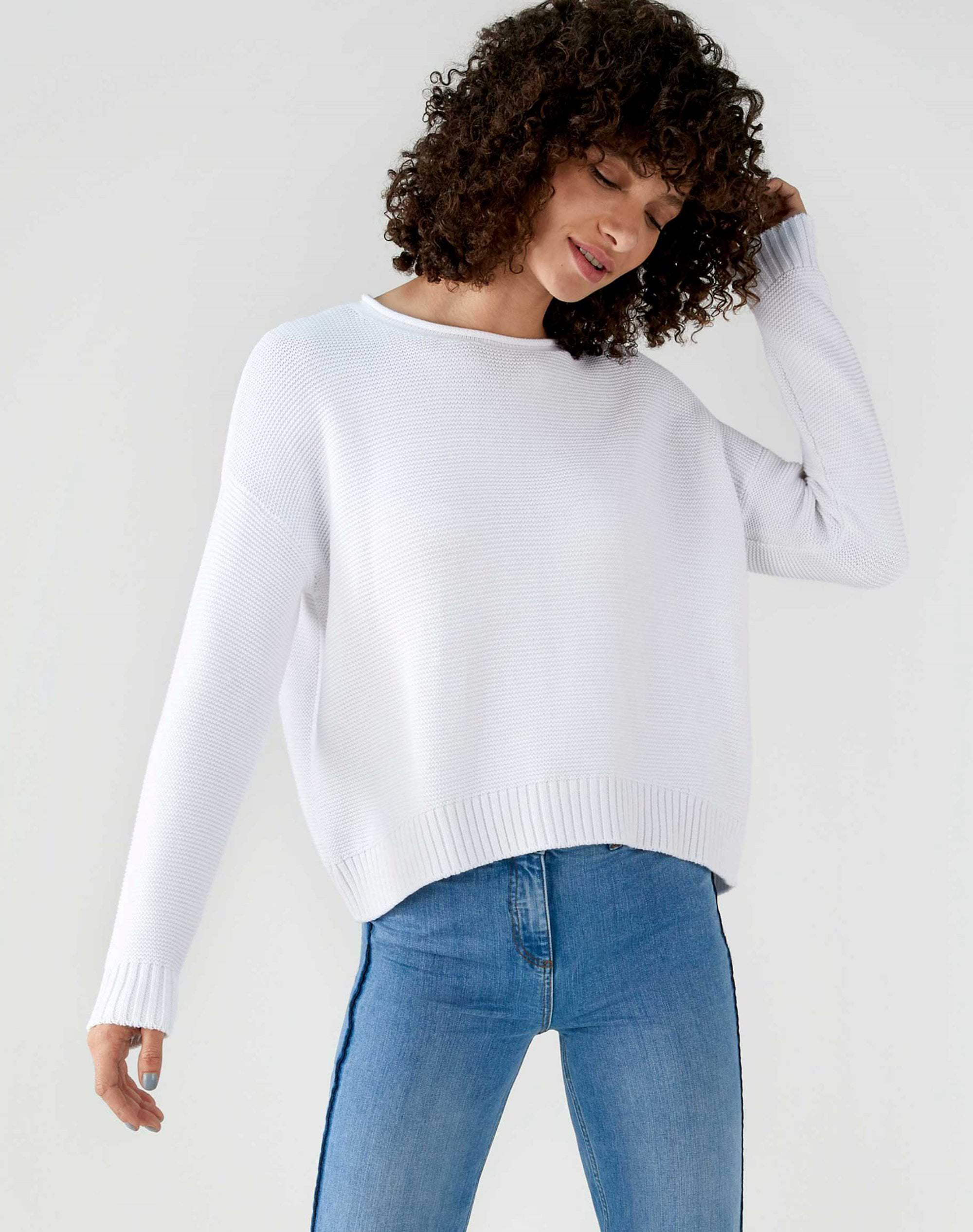 White Cotton Dipped Hem Textured Sweater Pure Collection