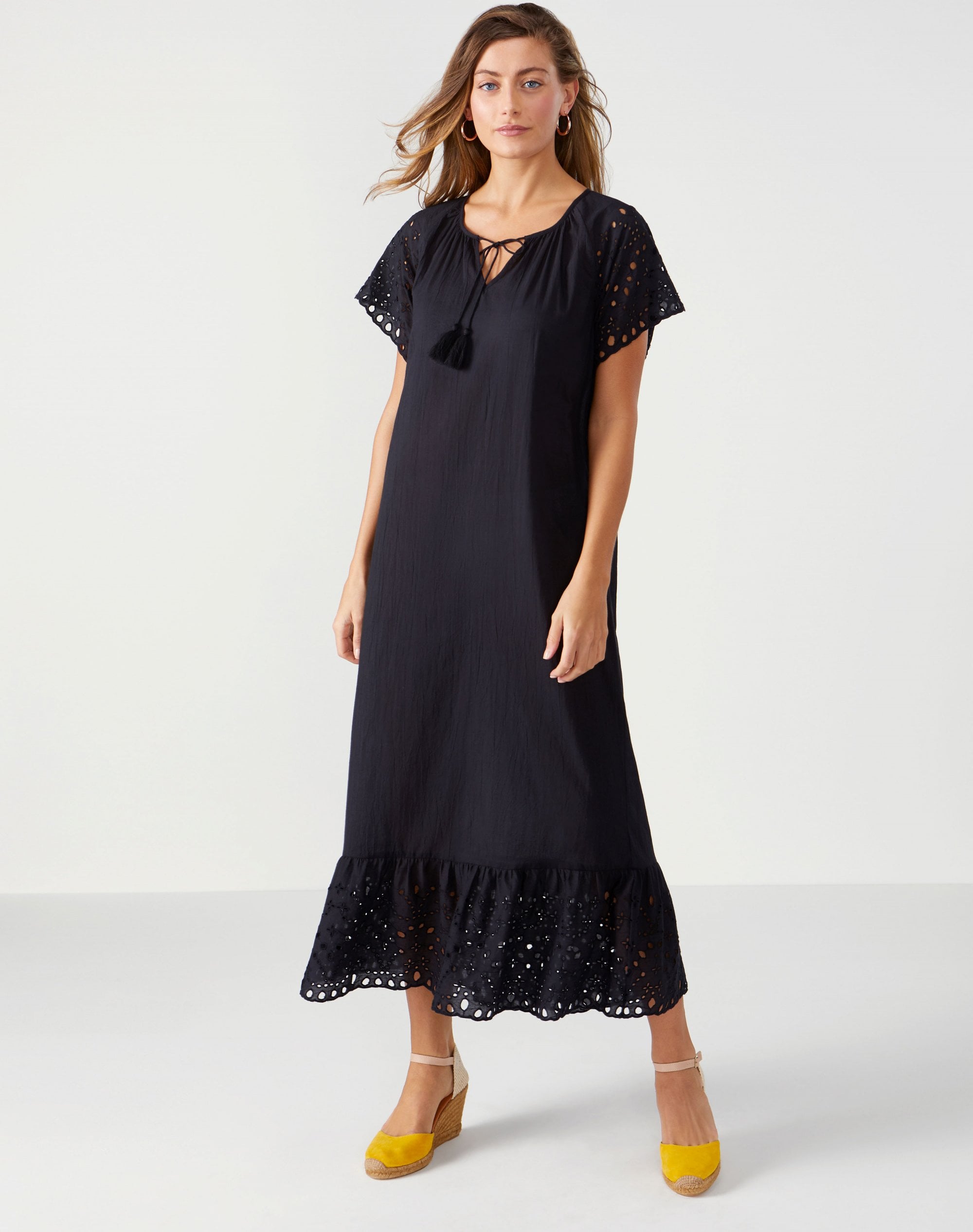 Black | Cotton Embroidered Maxi Dress | Pure Collection