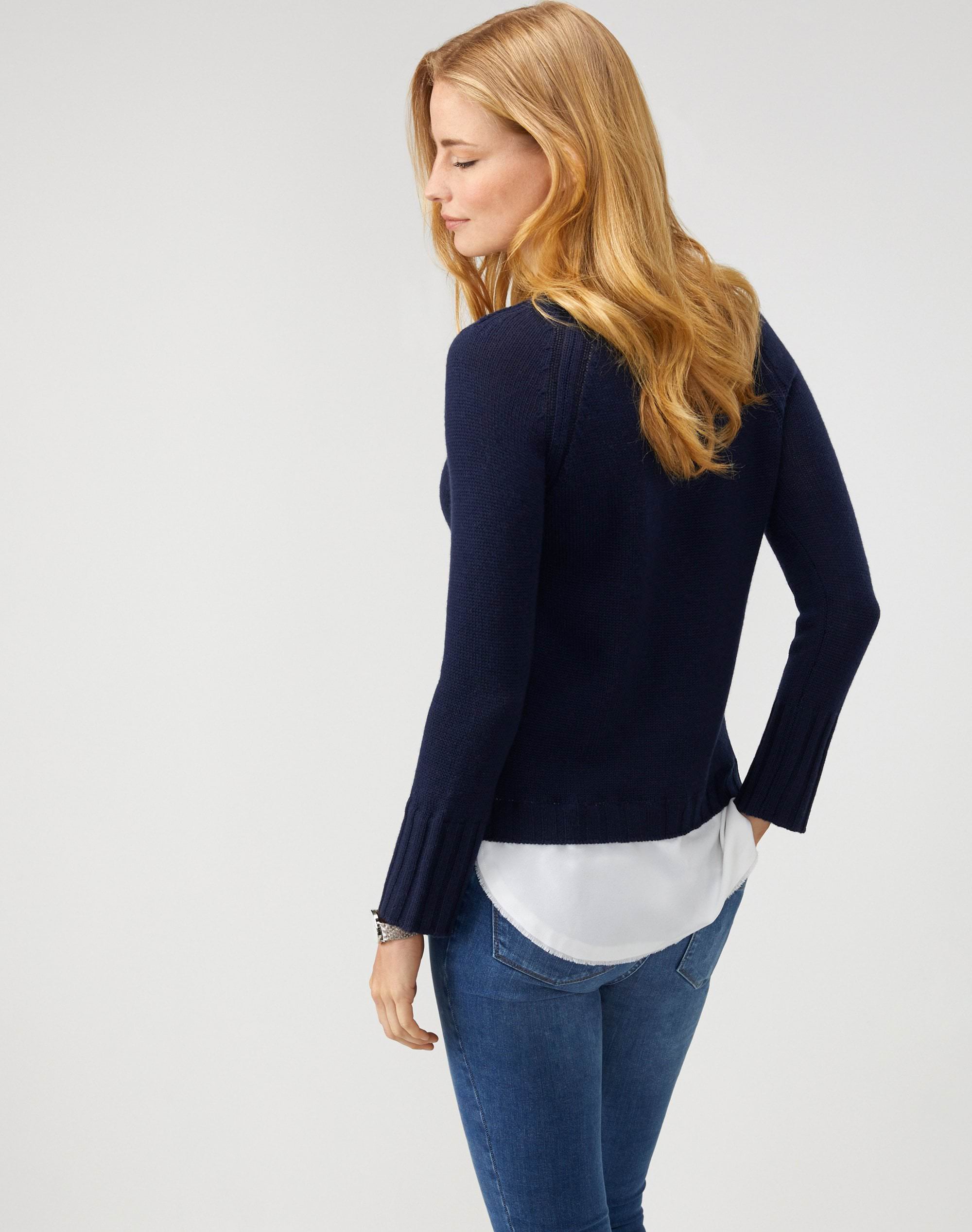 Navy | Crew Neck Woven Hem Sweater | Pure Collection