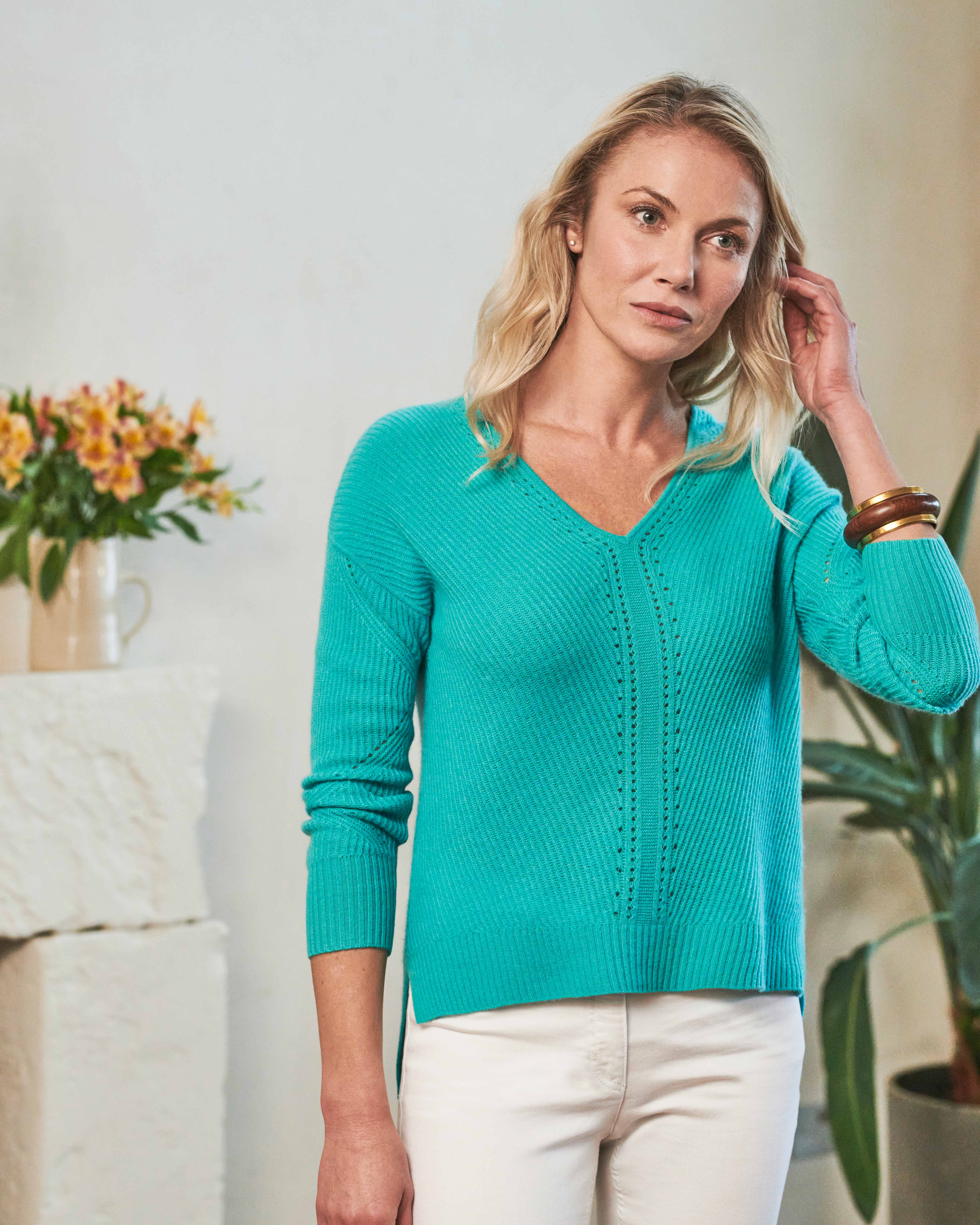 Bright Aqua | Gassato Pointelle Detail V Neck Sweater | Pure Collection