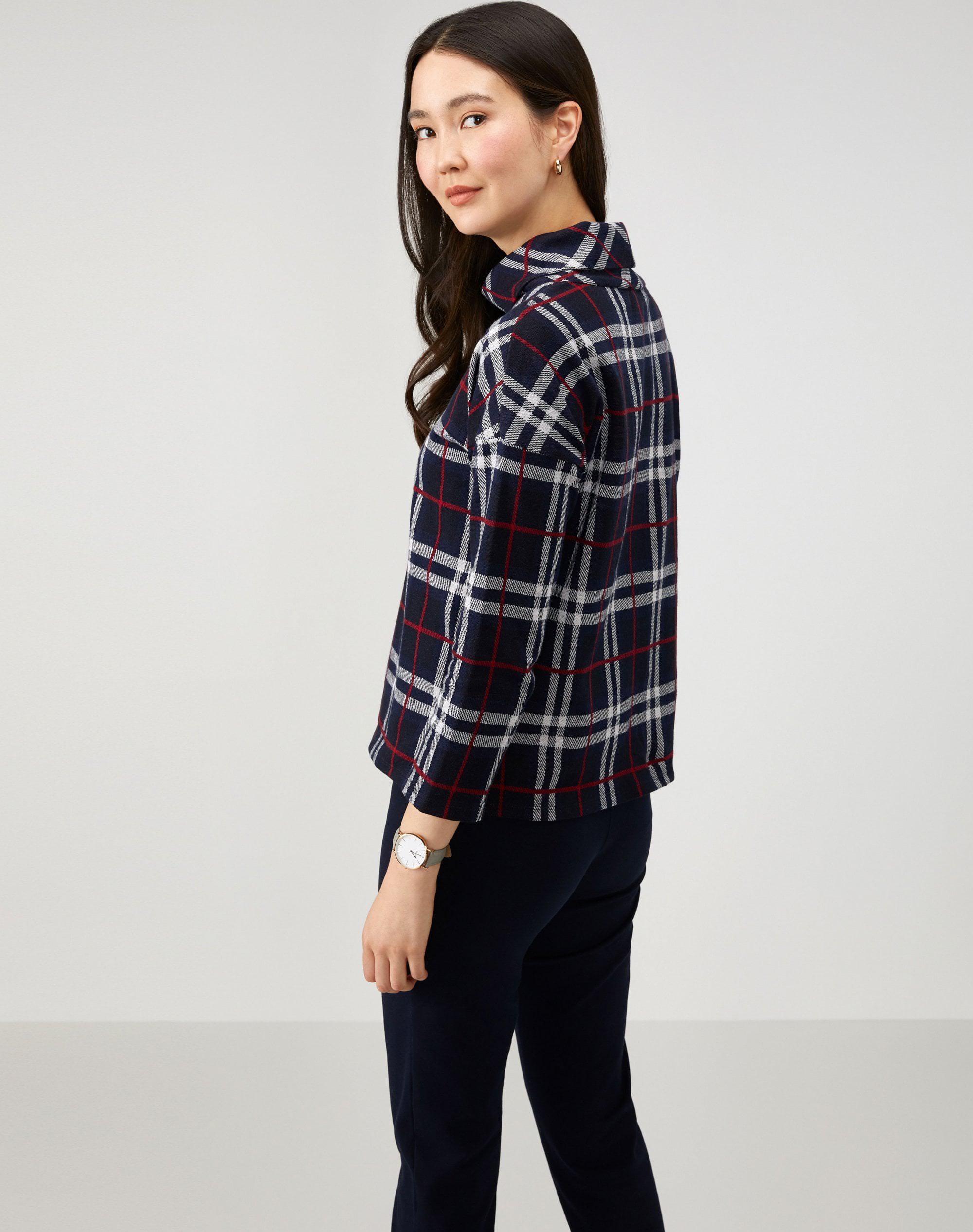 Navy Check | Heavy Jersey Roll Neck Top | Pure Collection