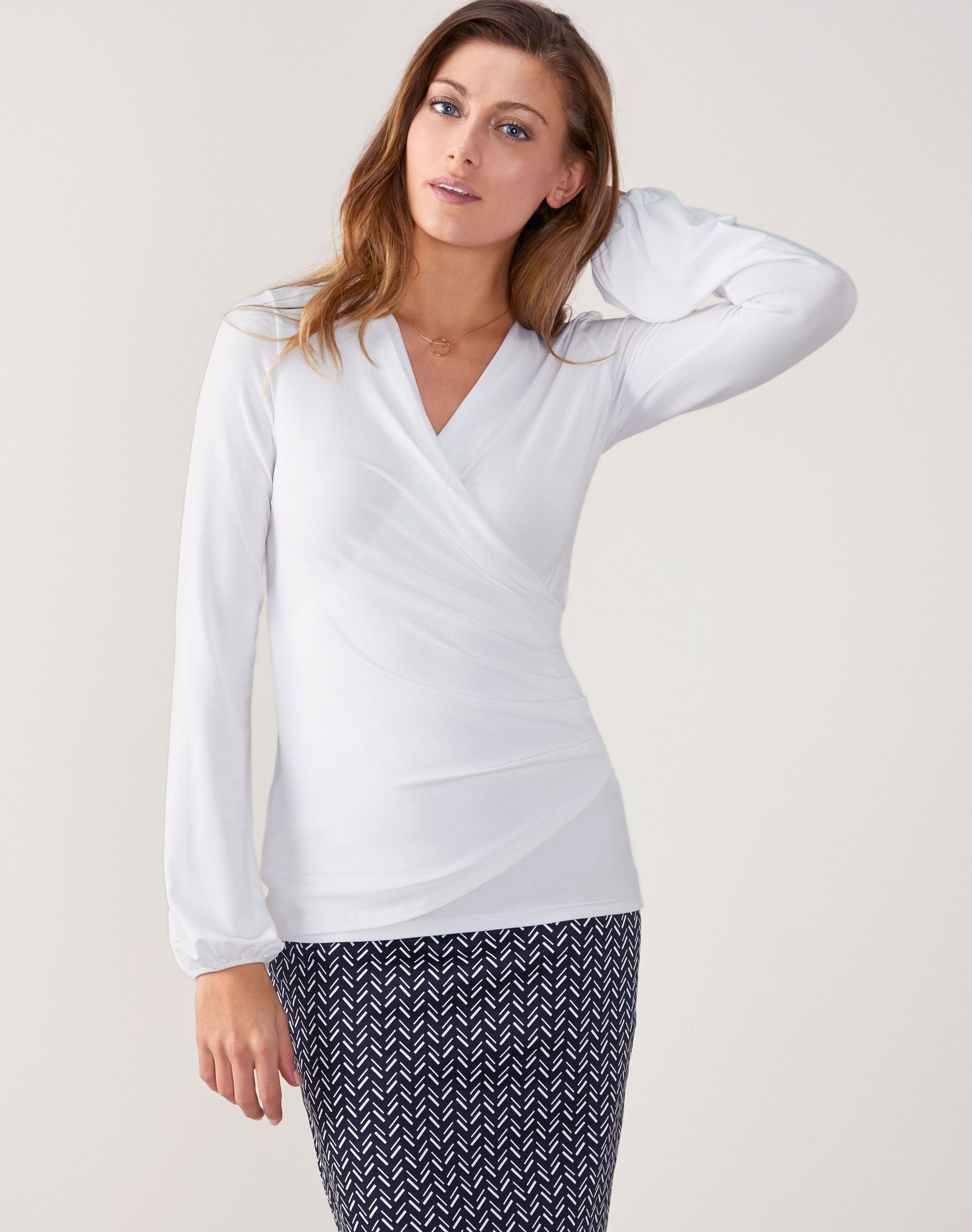 White Jersey Gathered Cuff Wrap Top Pure Collection