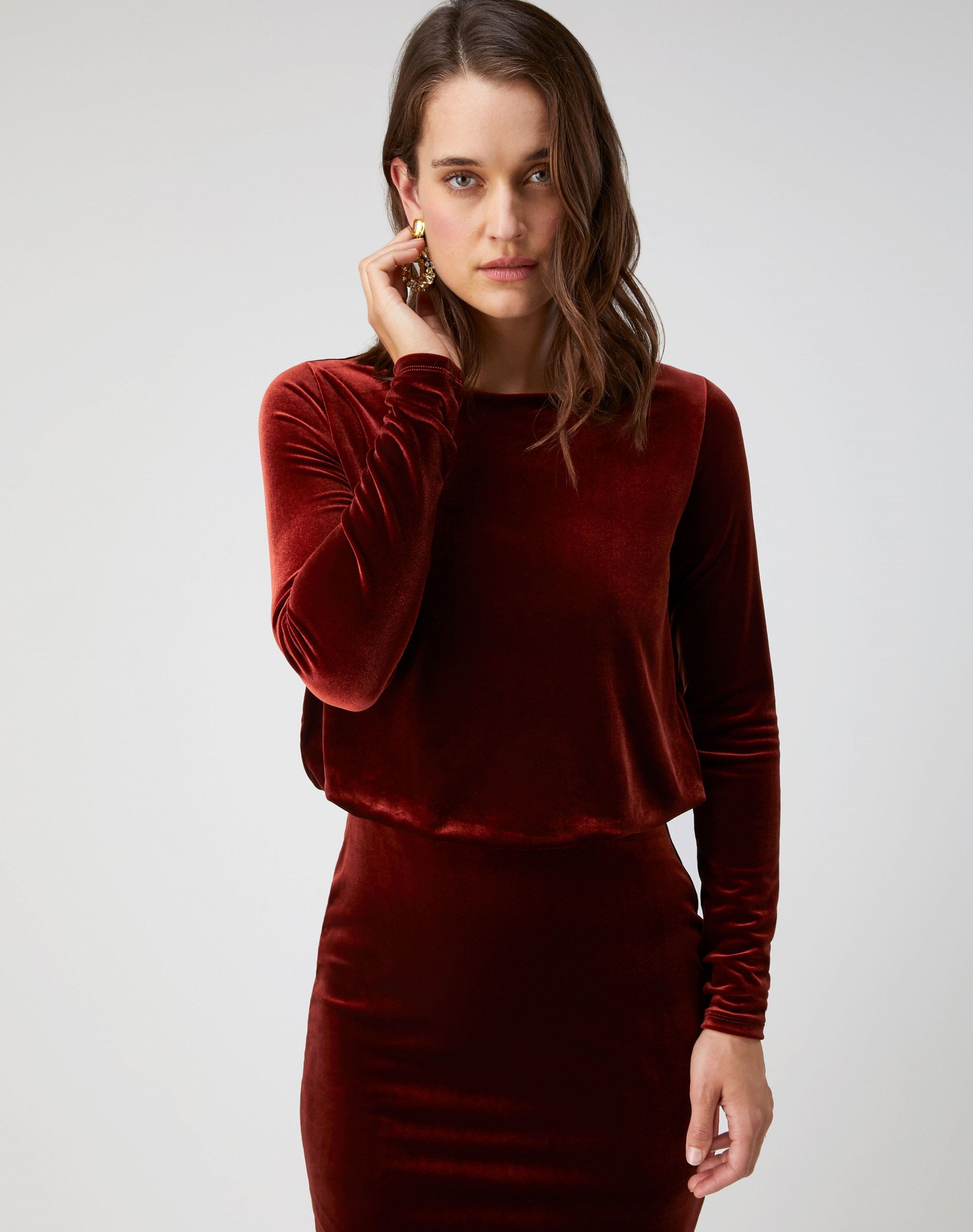 Rust Velour Jersey Slim Blouson Dress Pure Collection