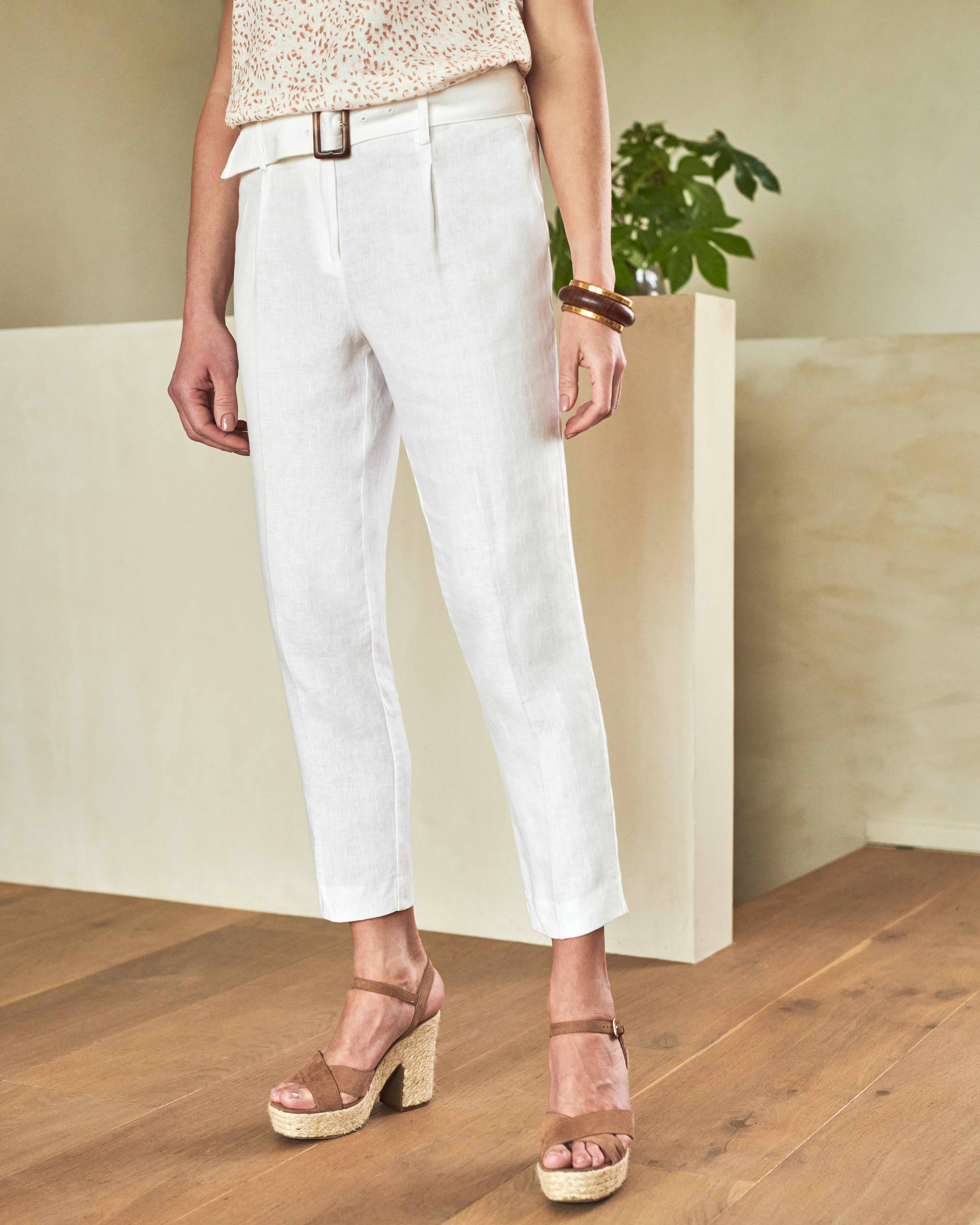 White Laundered Linen Belted Trouser Pure Collection