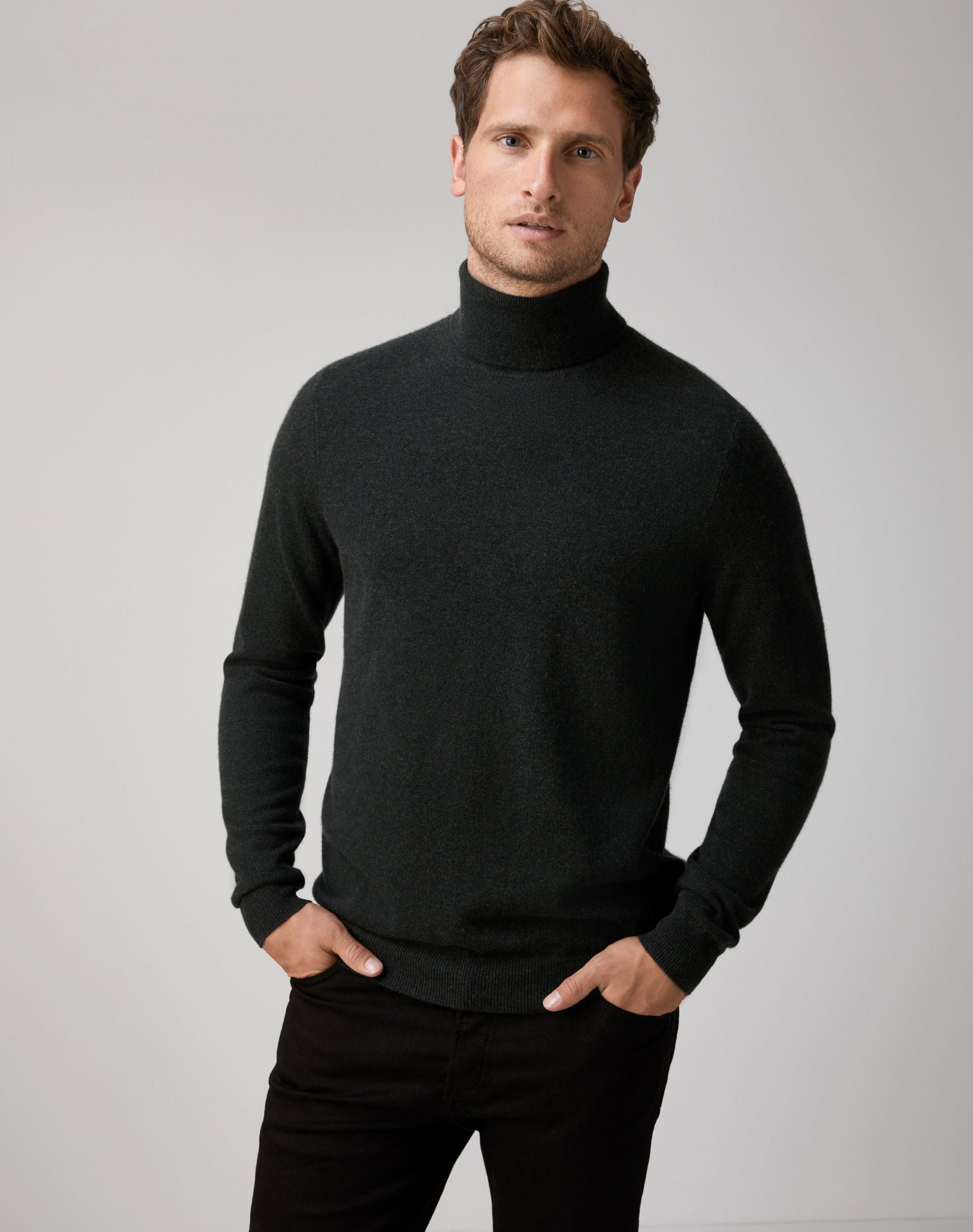 Darkest Green Mens Cashmere Roll Neck Sweater Pure Collection