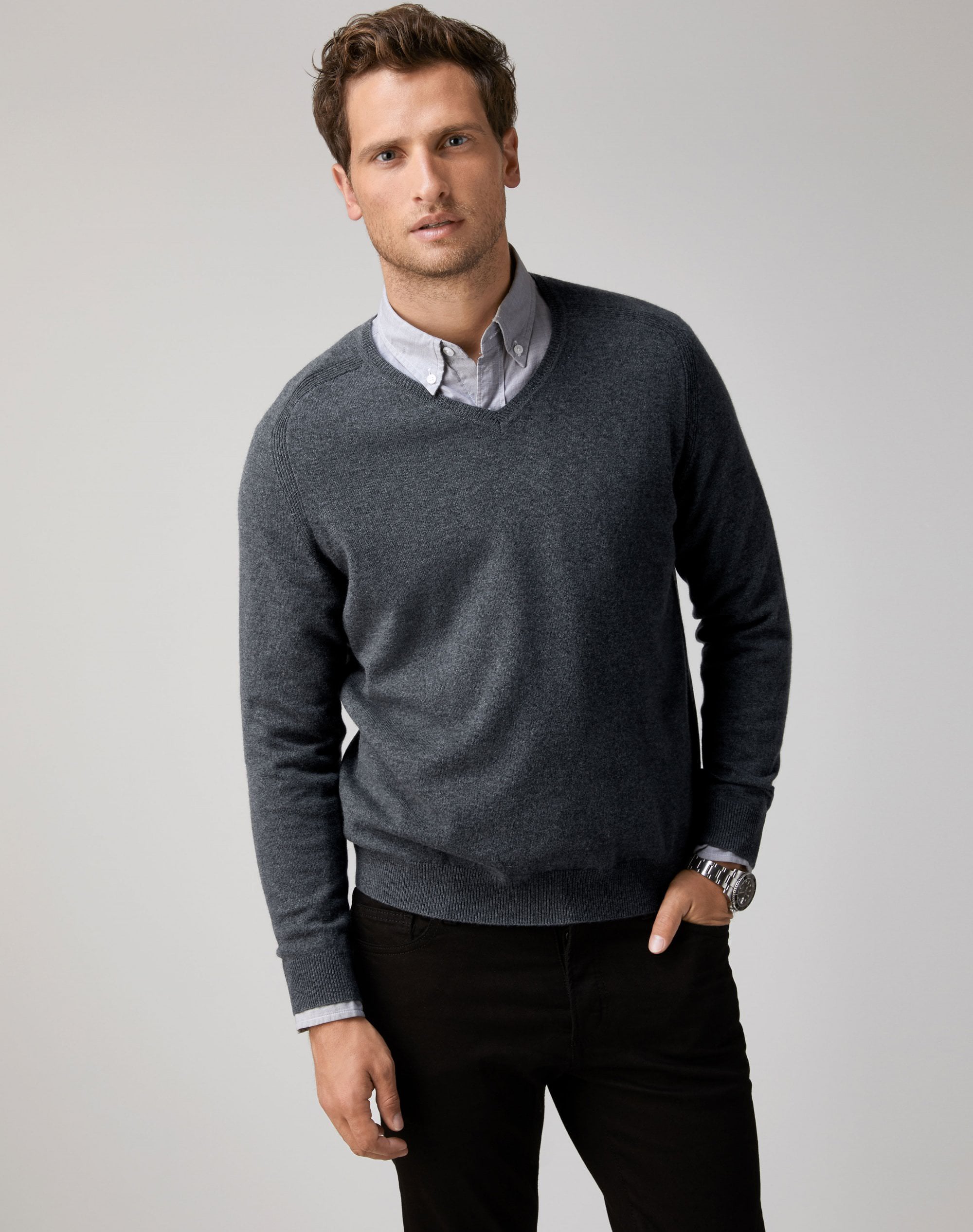 Charcoal | Mens Cashmere V Neck Sweater | Pure Collection