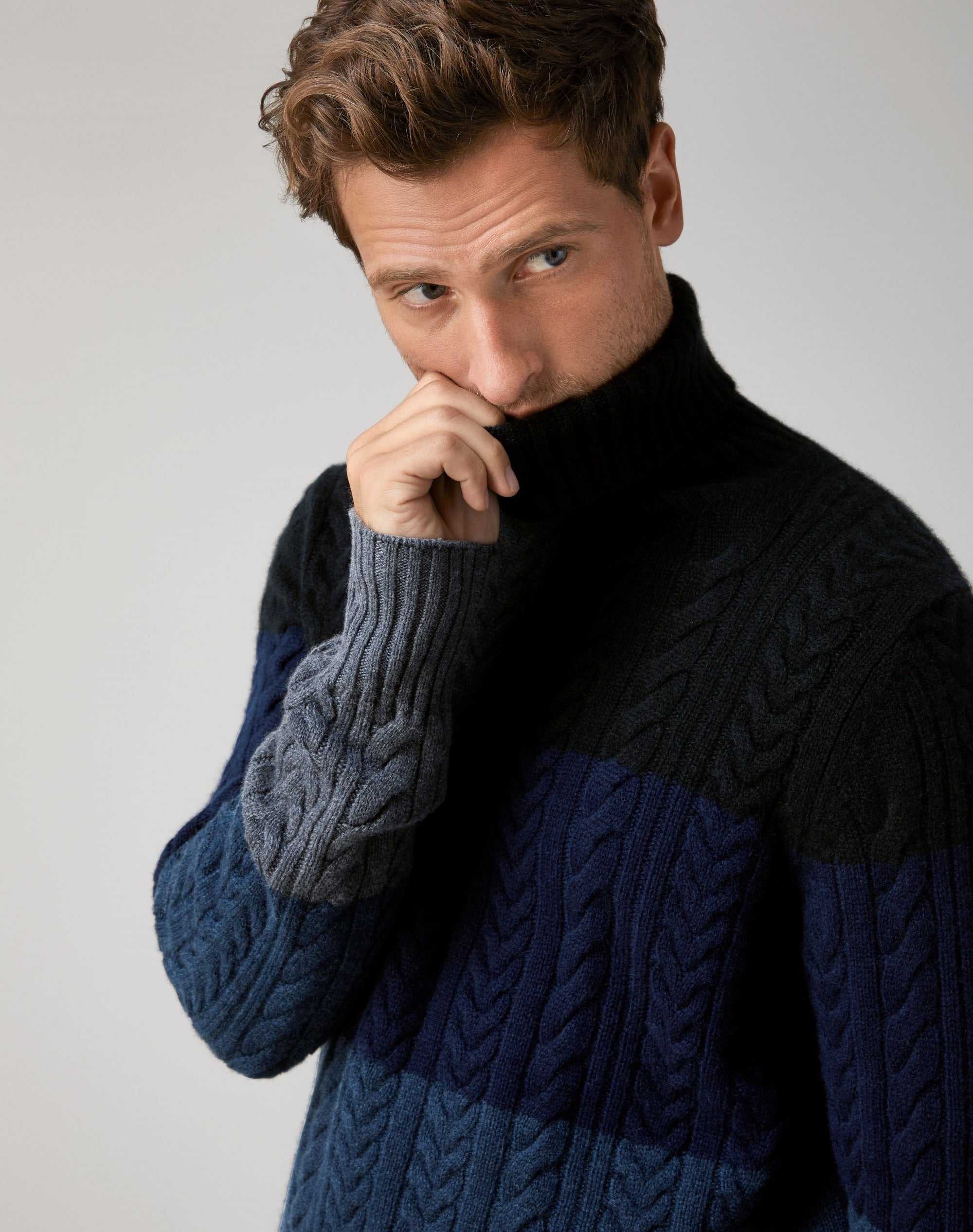 Stripe | Mens Chunky Cable Roll Neck Sweater | Pure Collection