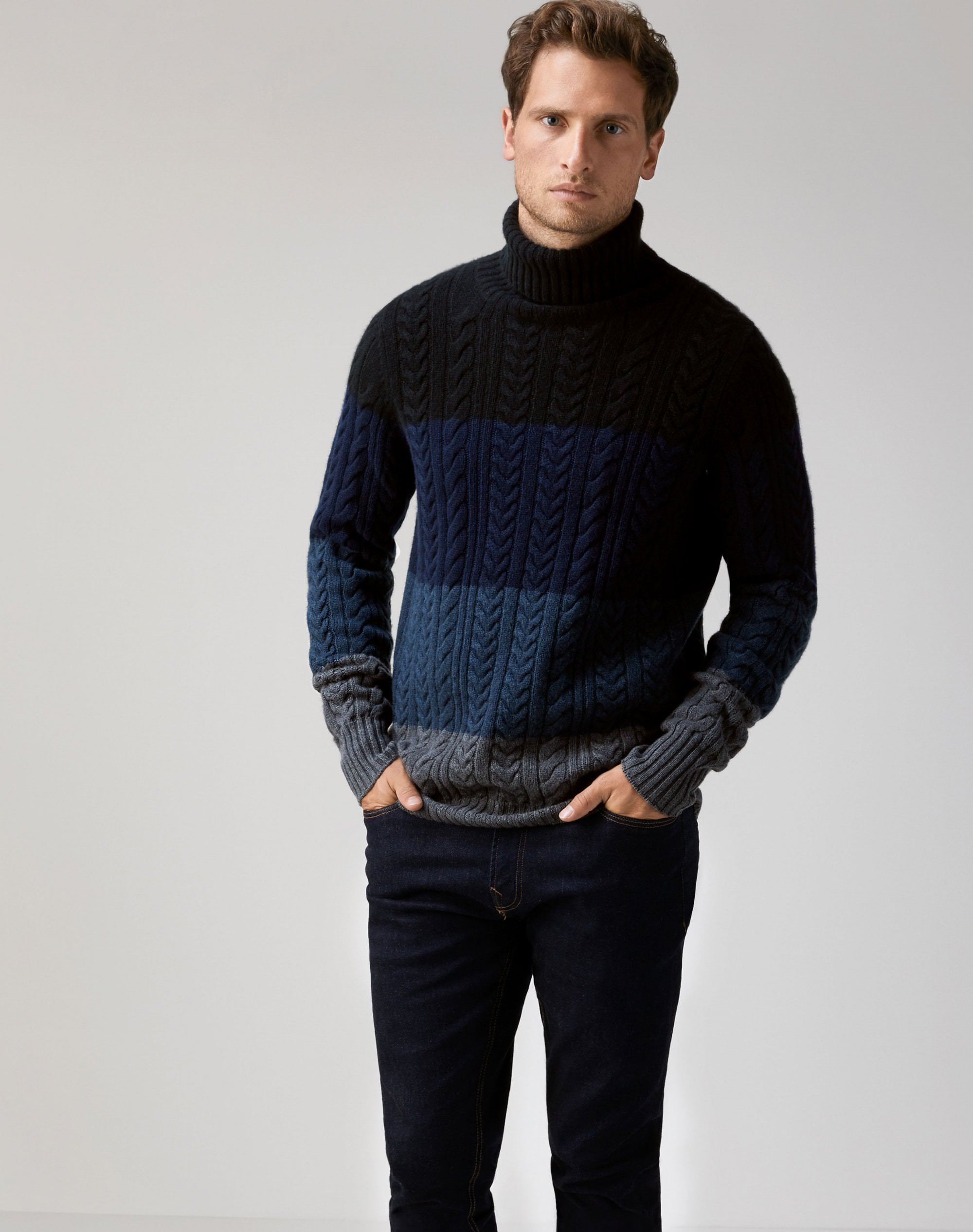 Stripe | Mens Chunky Cable Roll Neck Sweater | Pure Collection
