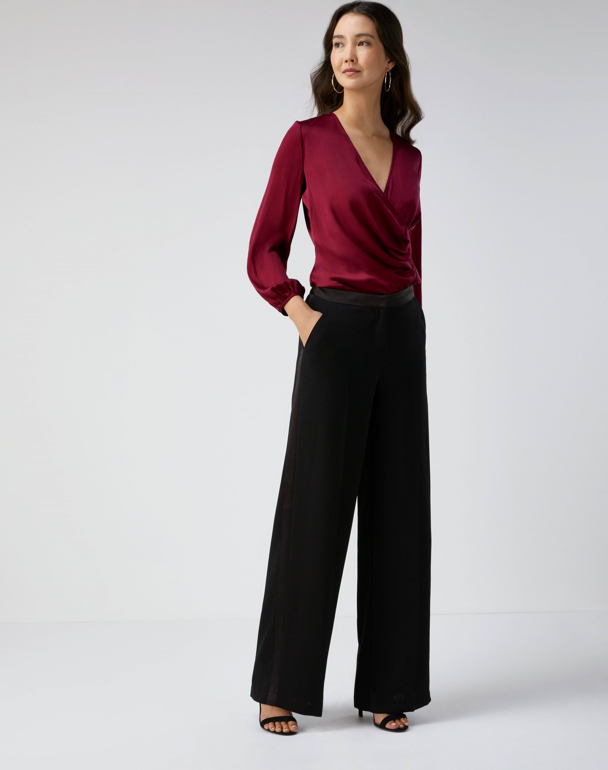 Deep Claret | Silk Satin Wrap Top | Pure Collection