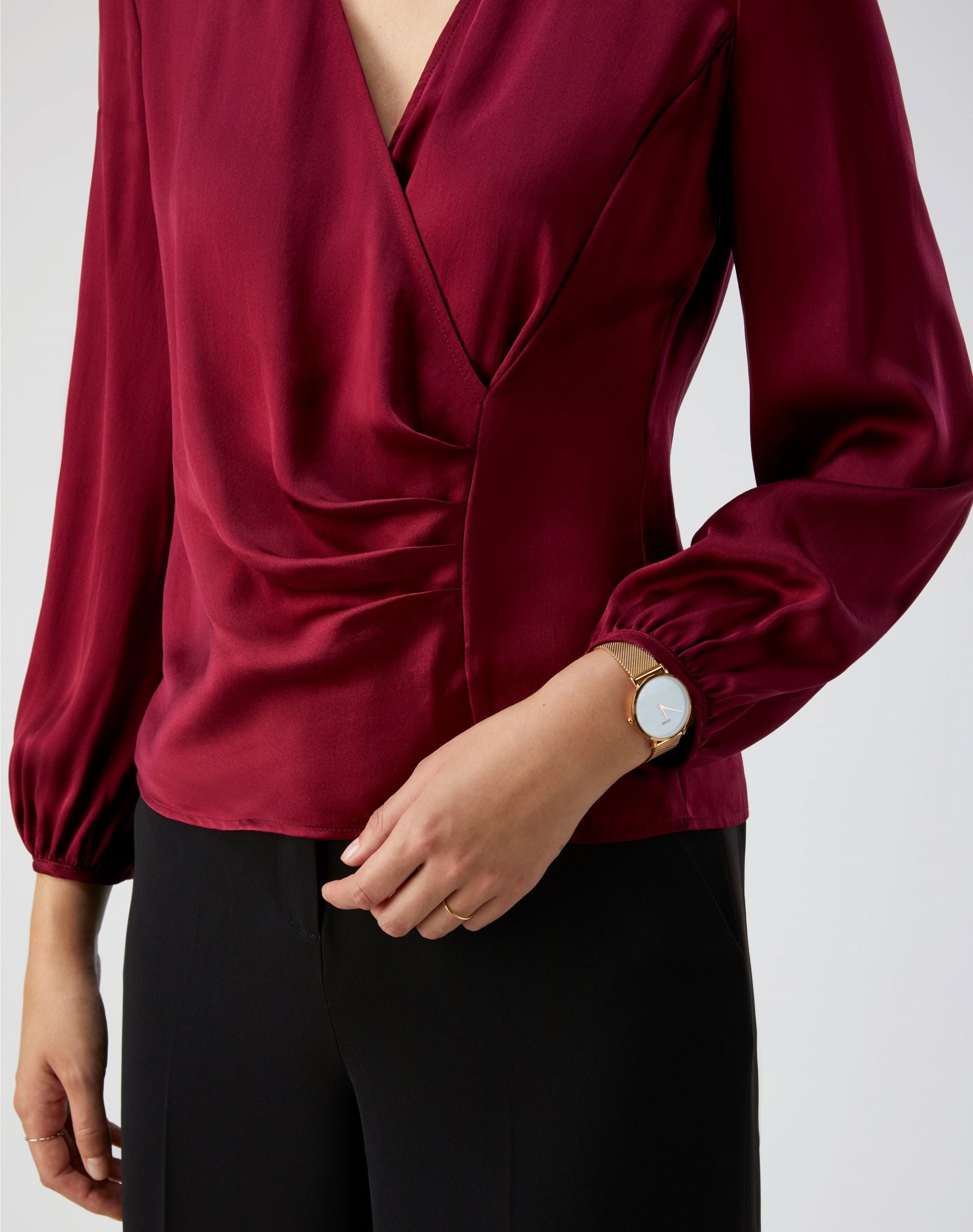 Deep Claret | Silk Satin Wrap Top | Pure Collection