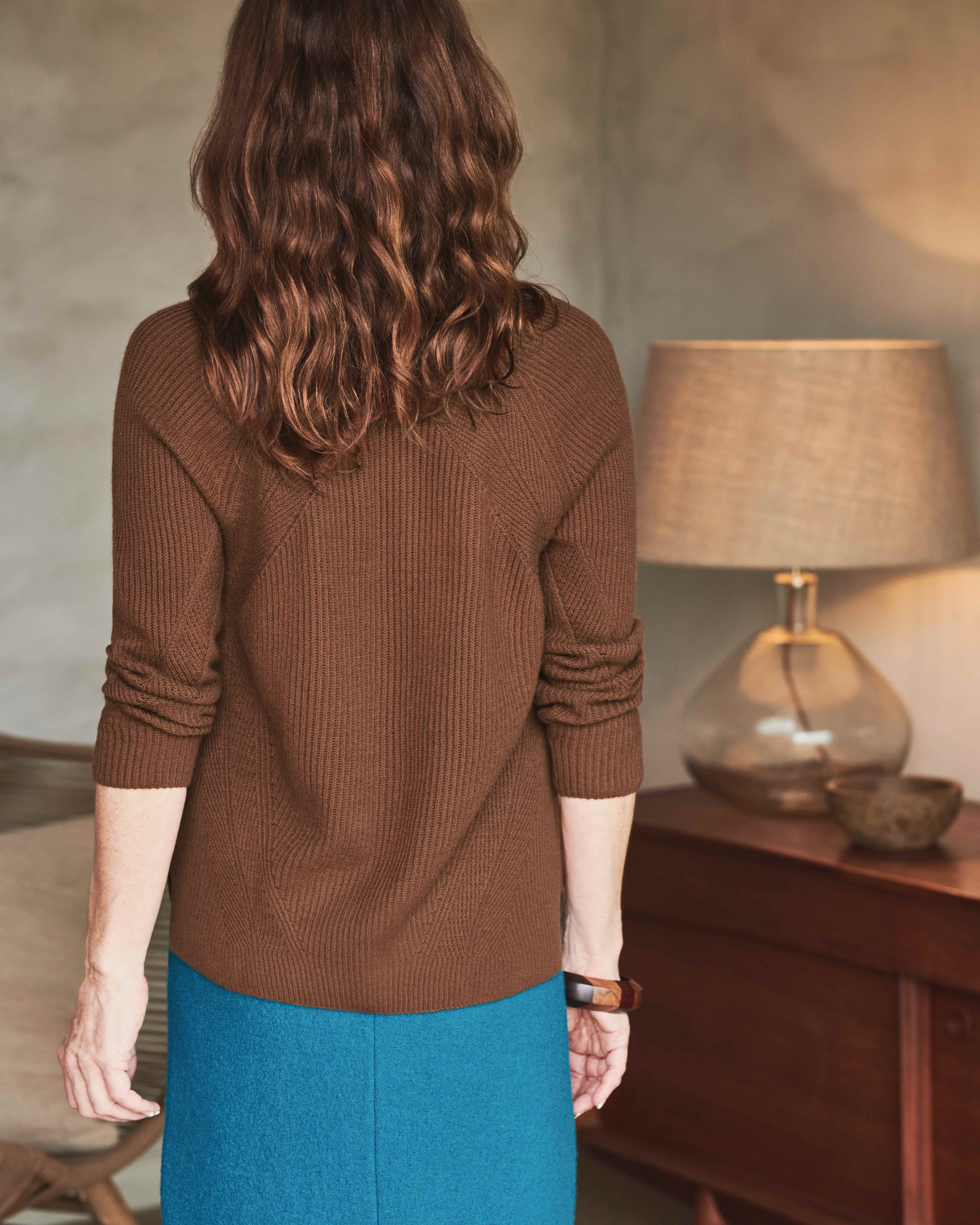 Cognac | Organic Ribbed V Neck Sweater | Pure Collection