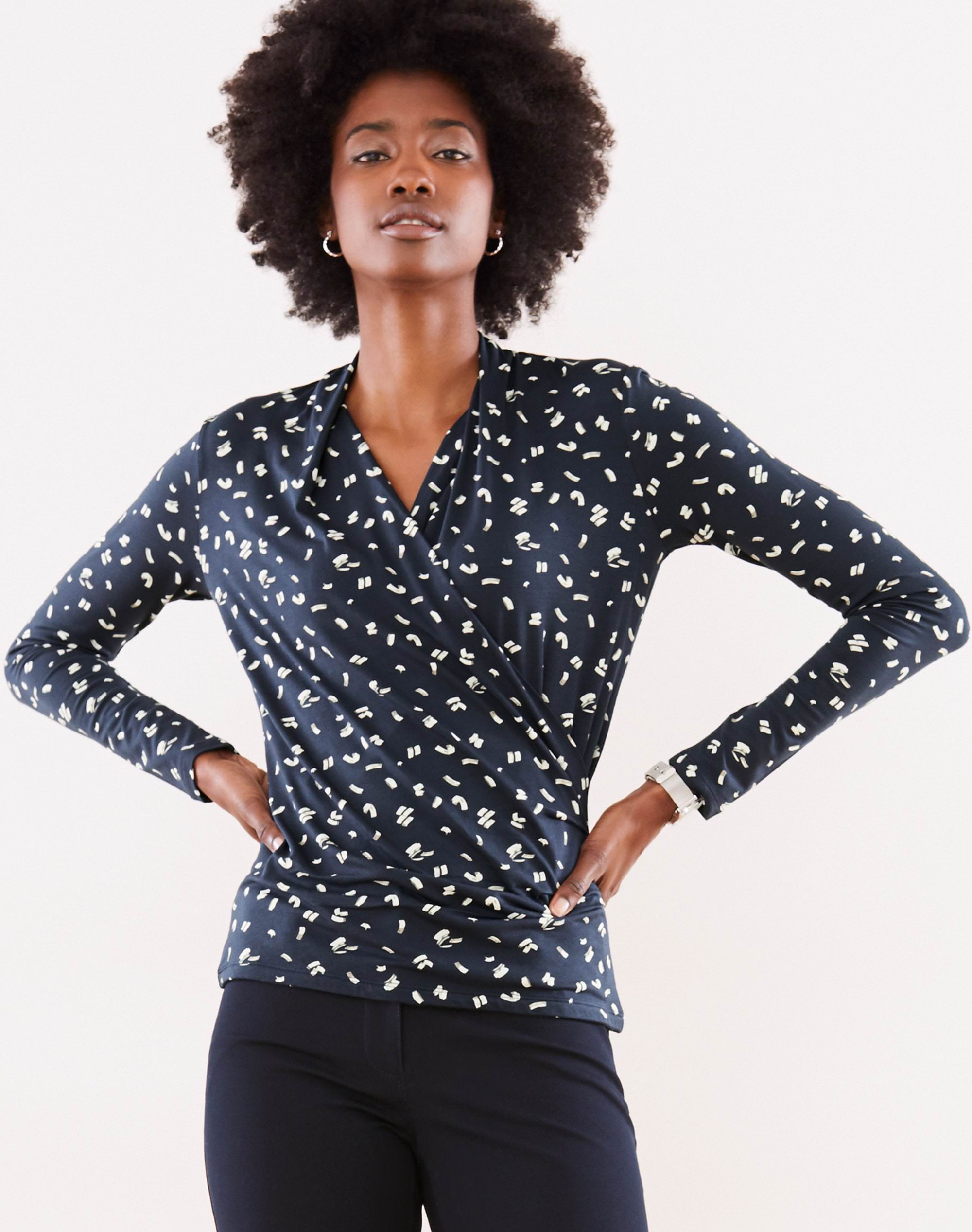 Navy Dash Print | Soft Jersey Wrap Top | Pure Collection