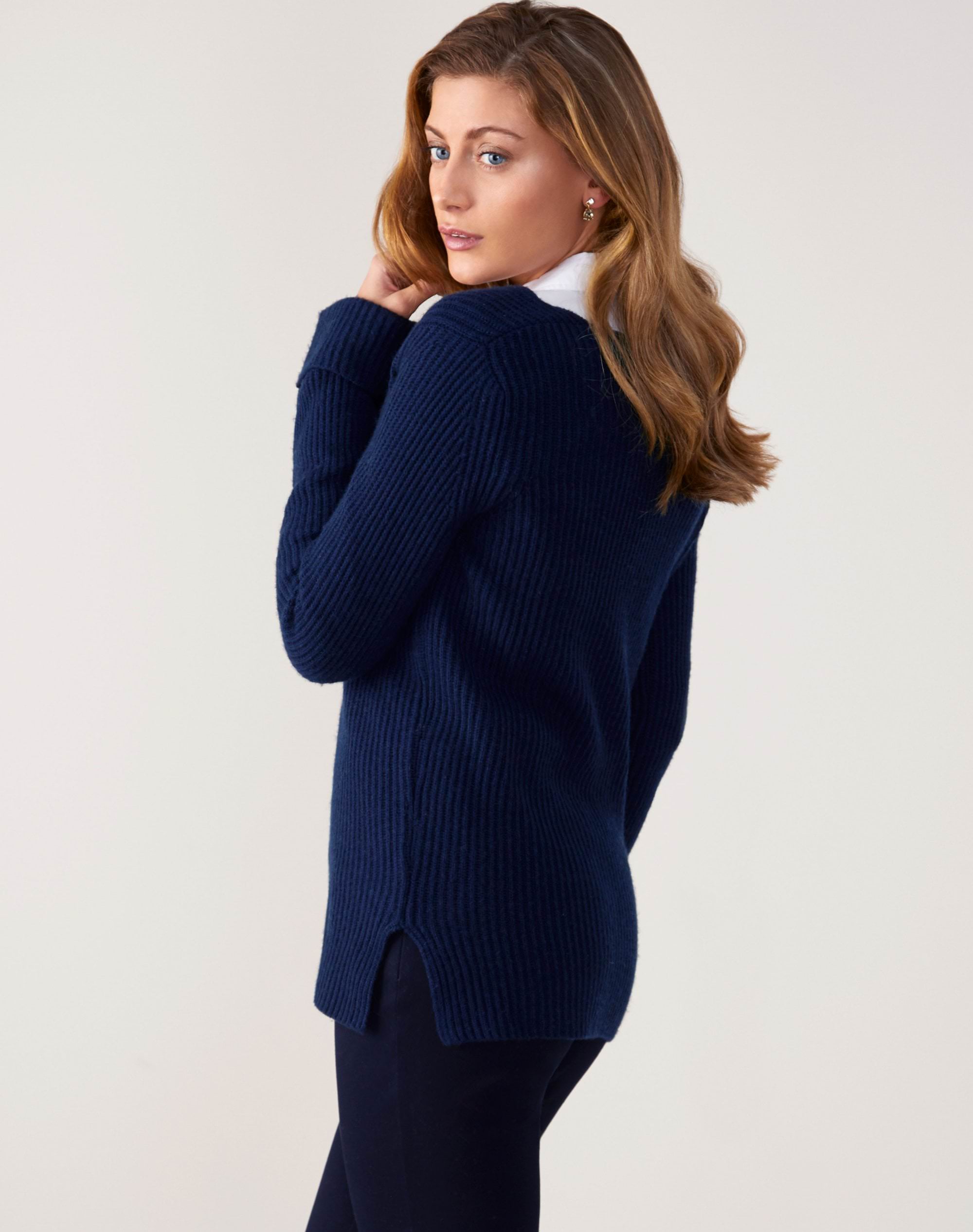 Navy | V Neck Ribbed Tunic Sweater | Pure Collection