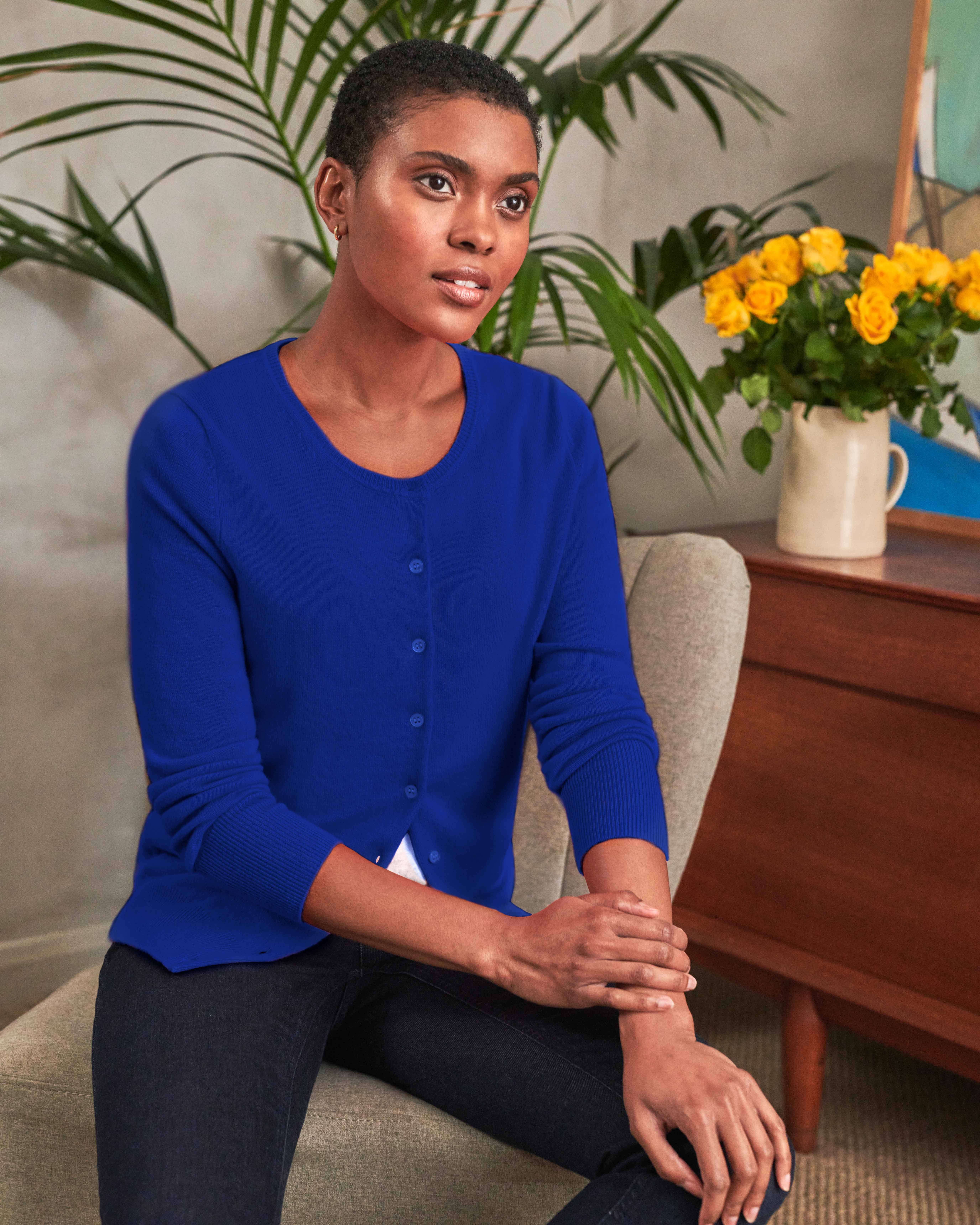 Royal Blue Cashmere Crew Neck Cardigan Pure Collection