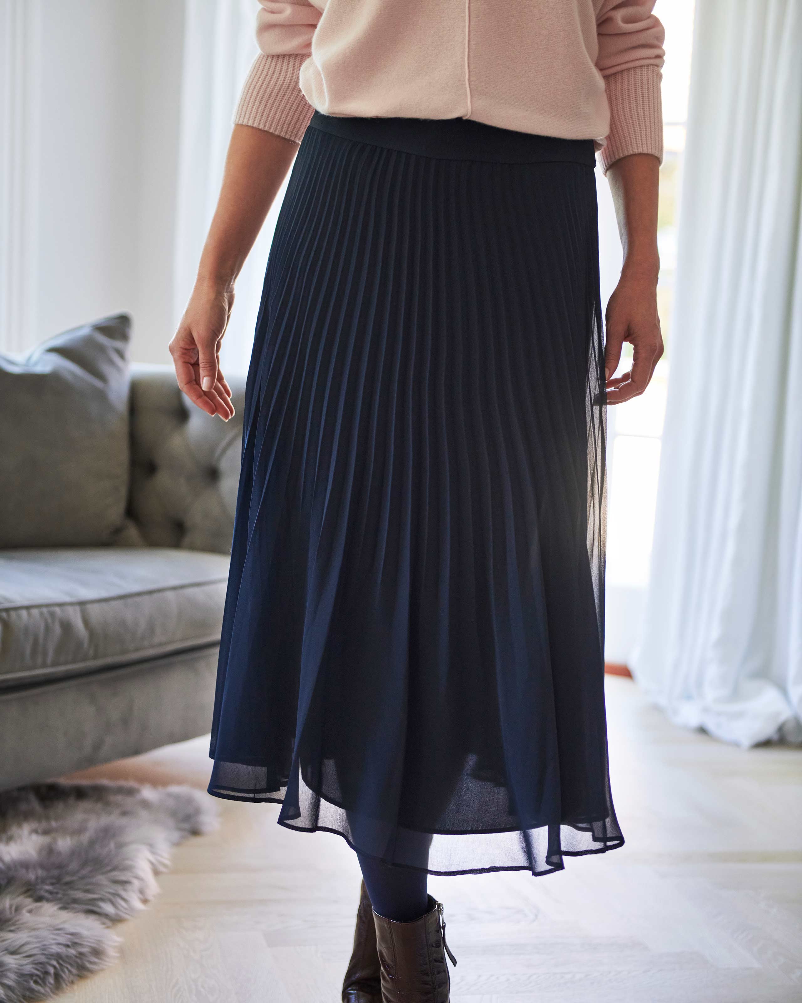 Navy | Pleat Midi Skirt | Pure Collection