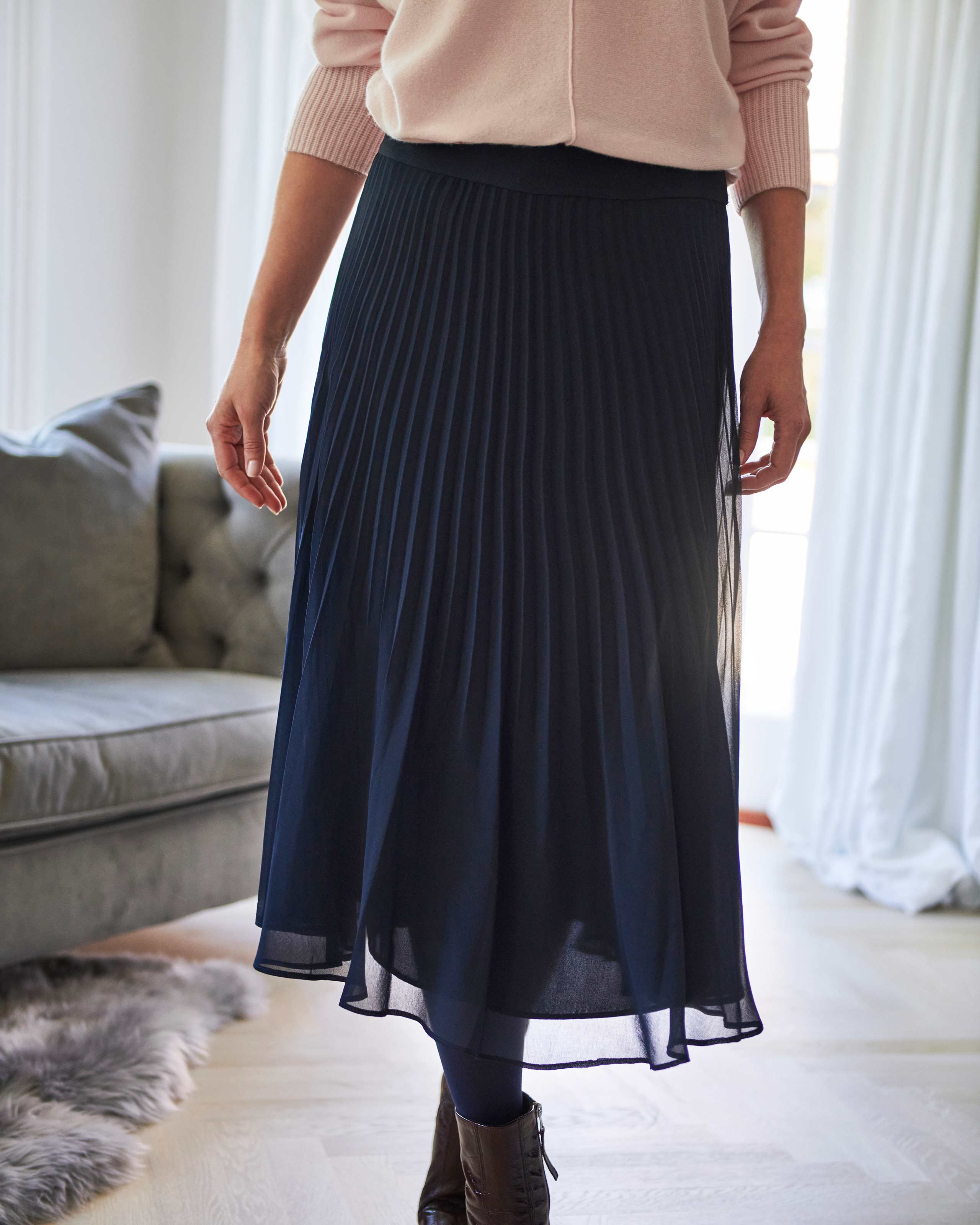 Navy Pleat Midi Skirt Pure Collection