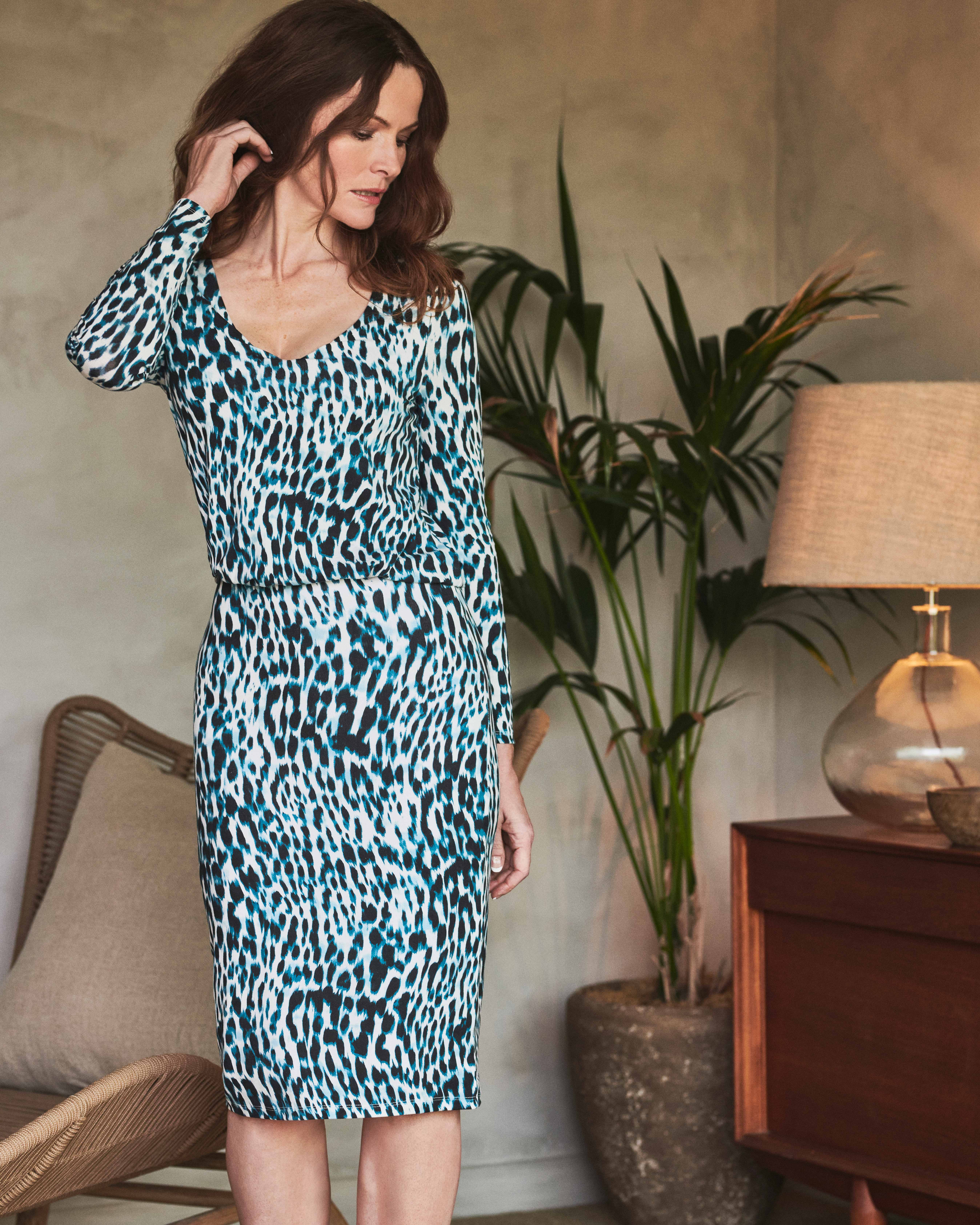 Blue Leopard Print Jersey V Neck Blouson Dress Pure