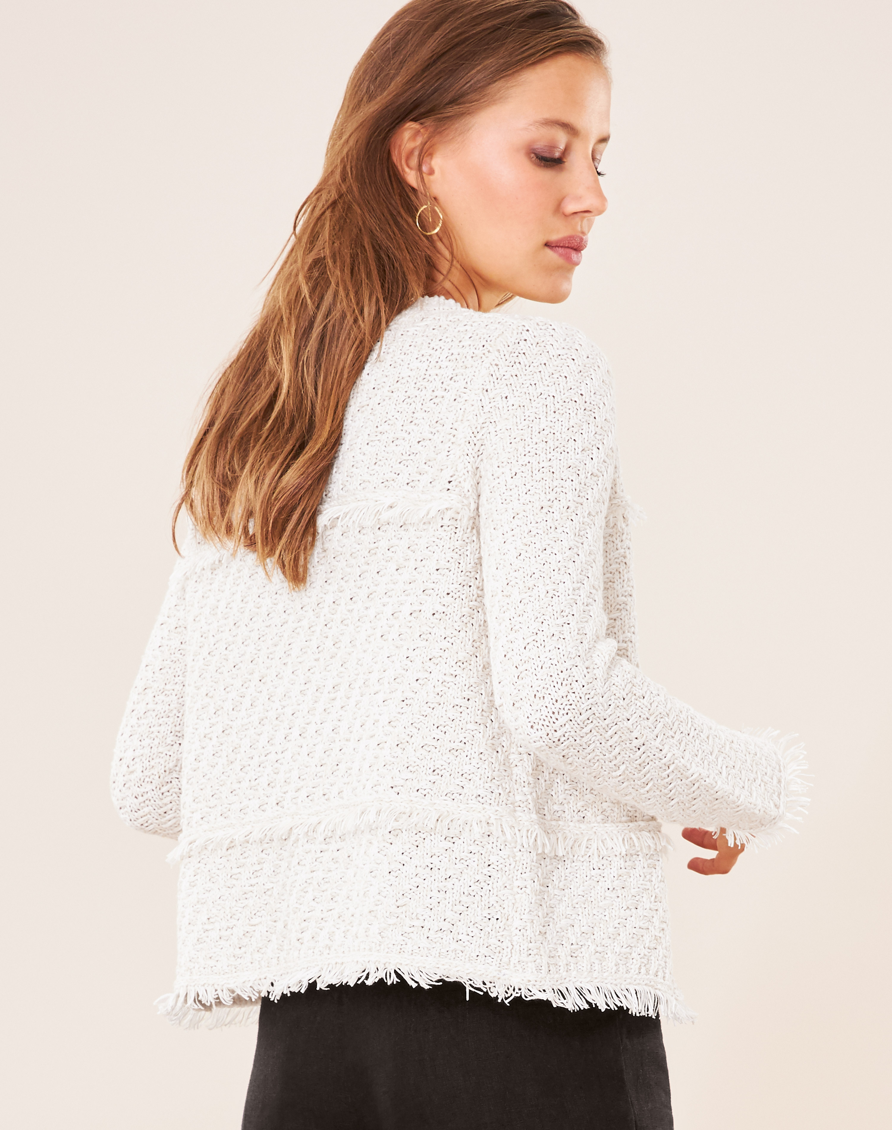 Neutral/White Fringed Knitted Jacket Pure Collection