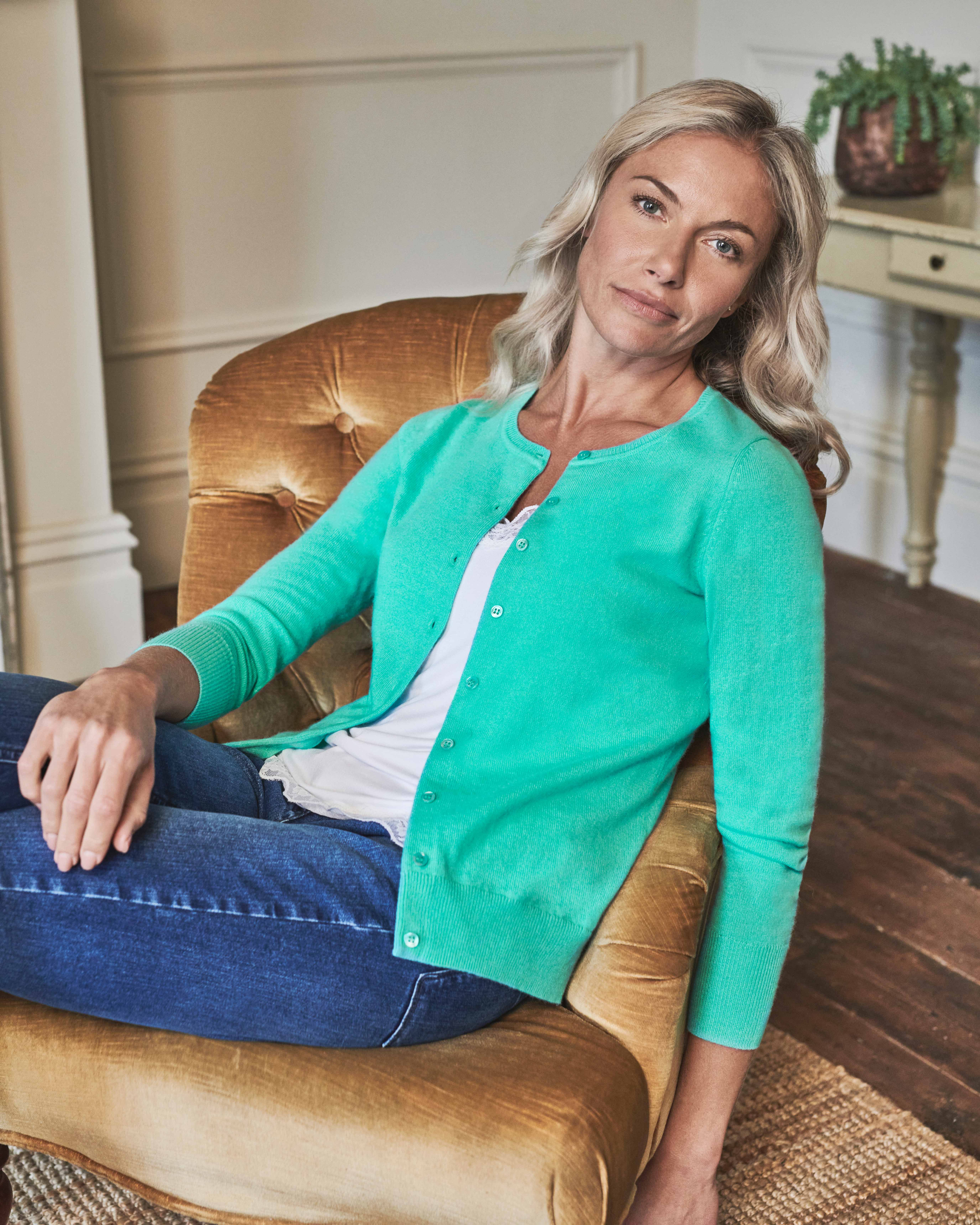 Aqua Cashmere Crew Neck Cardigan Pure Collection