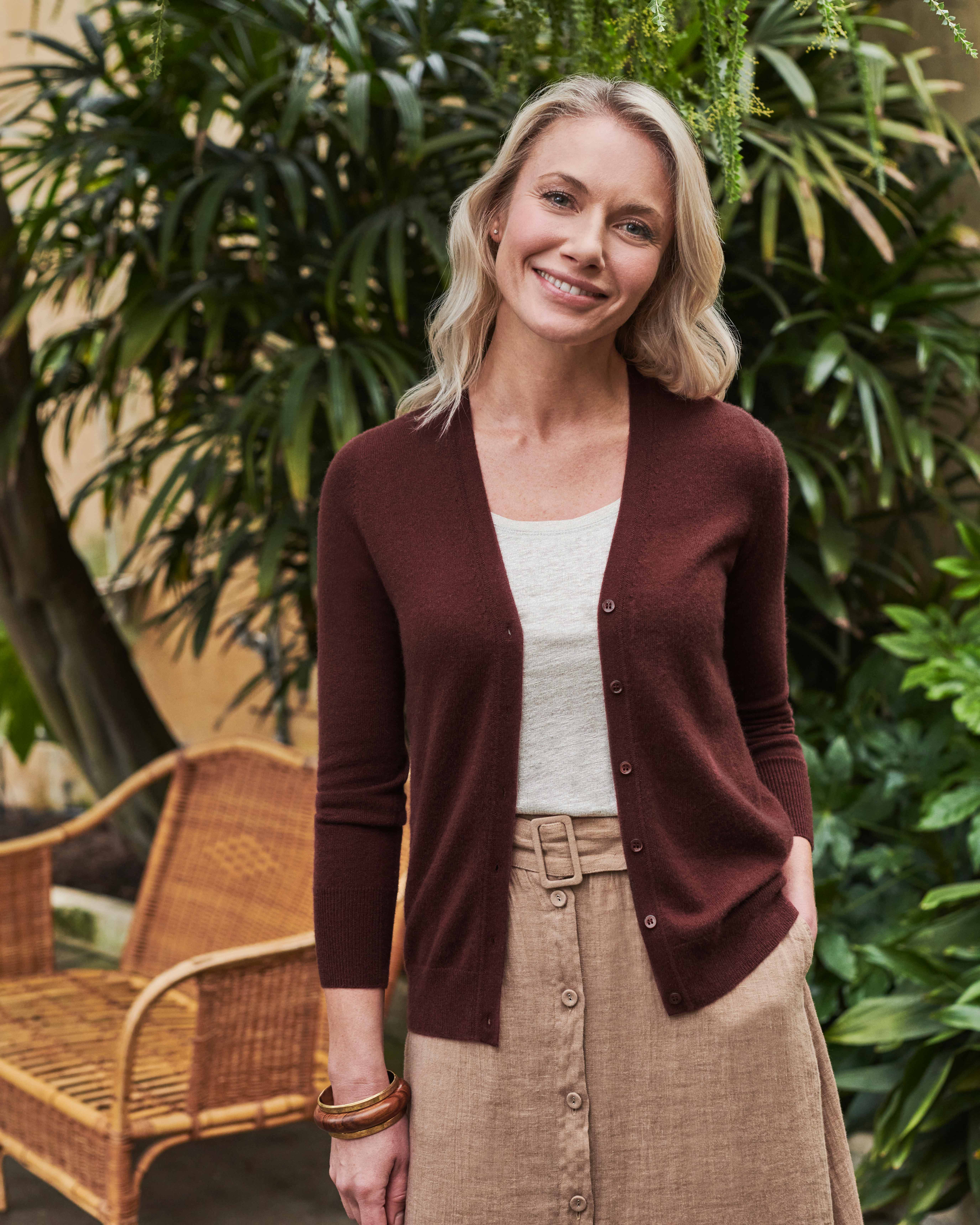 Rum Raisin | Cashmere V Neck Cardigan | Pure Collection