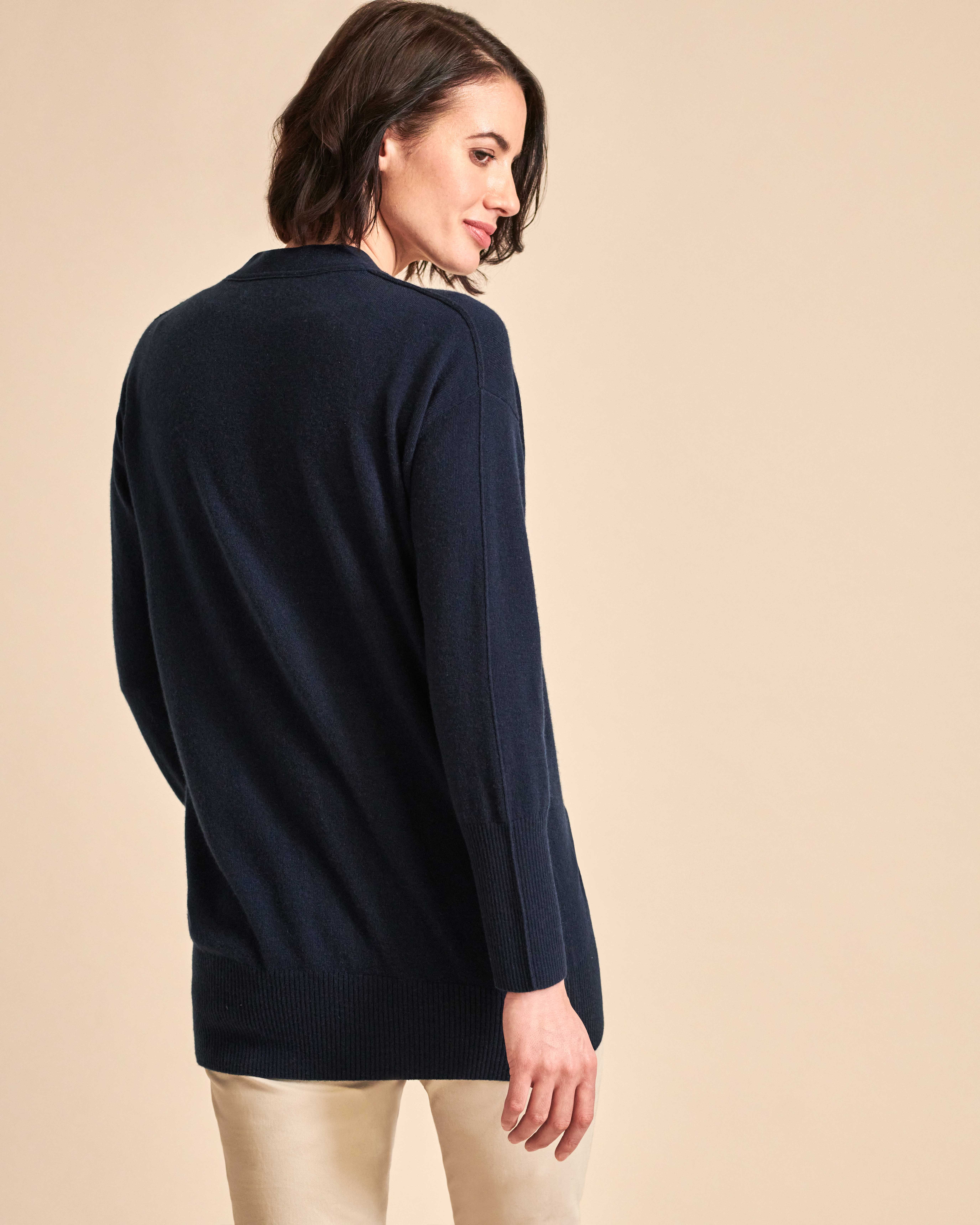 Navy | Ribbed Cashmere Trim Boyfriend Cardigan | Pure Collection