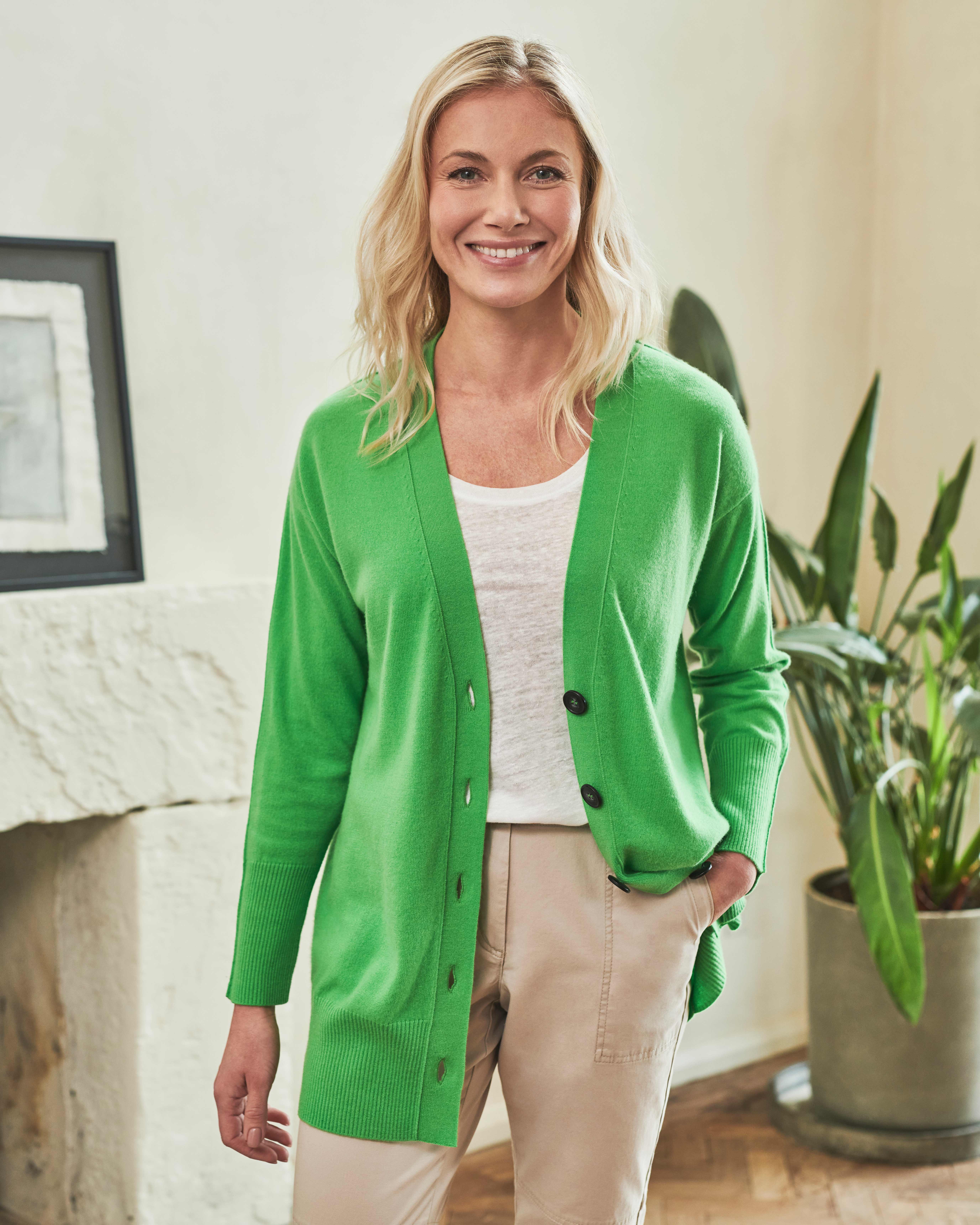 Fresh Green | Ribbed Cashmere Trim Boyfriend Cardigan | Pure Collection