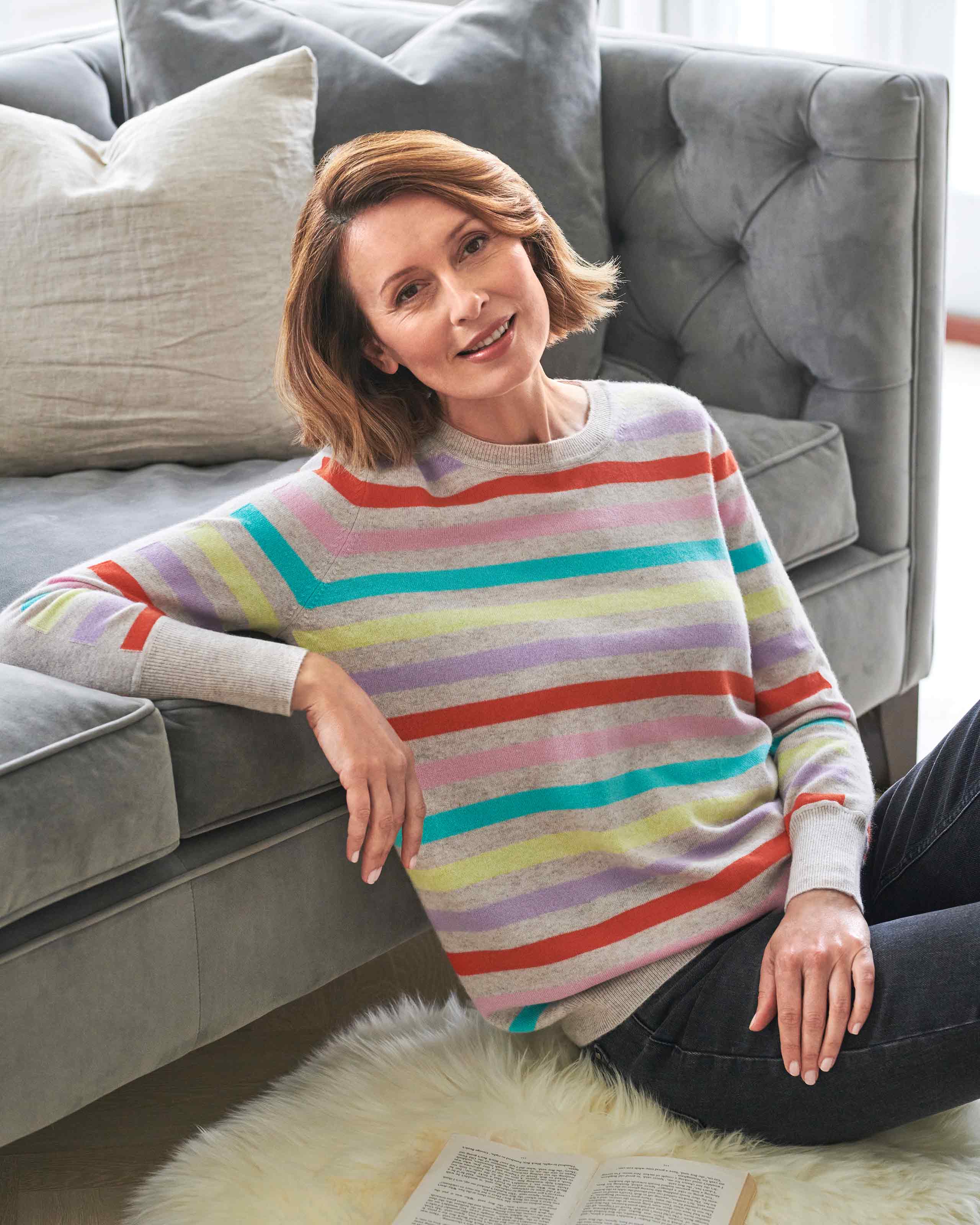 & Isla Sadie Colourblock Black/Multi Stripe Funnel Cashmere Jumper IF3C-041