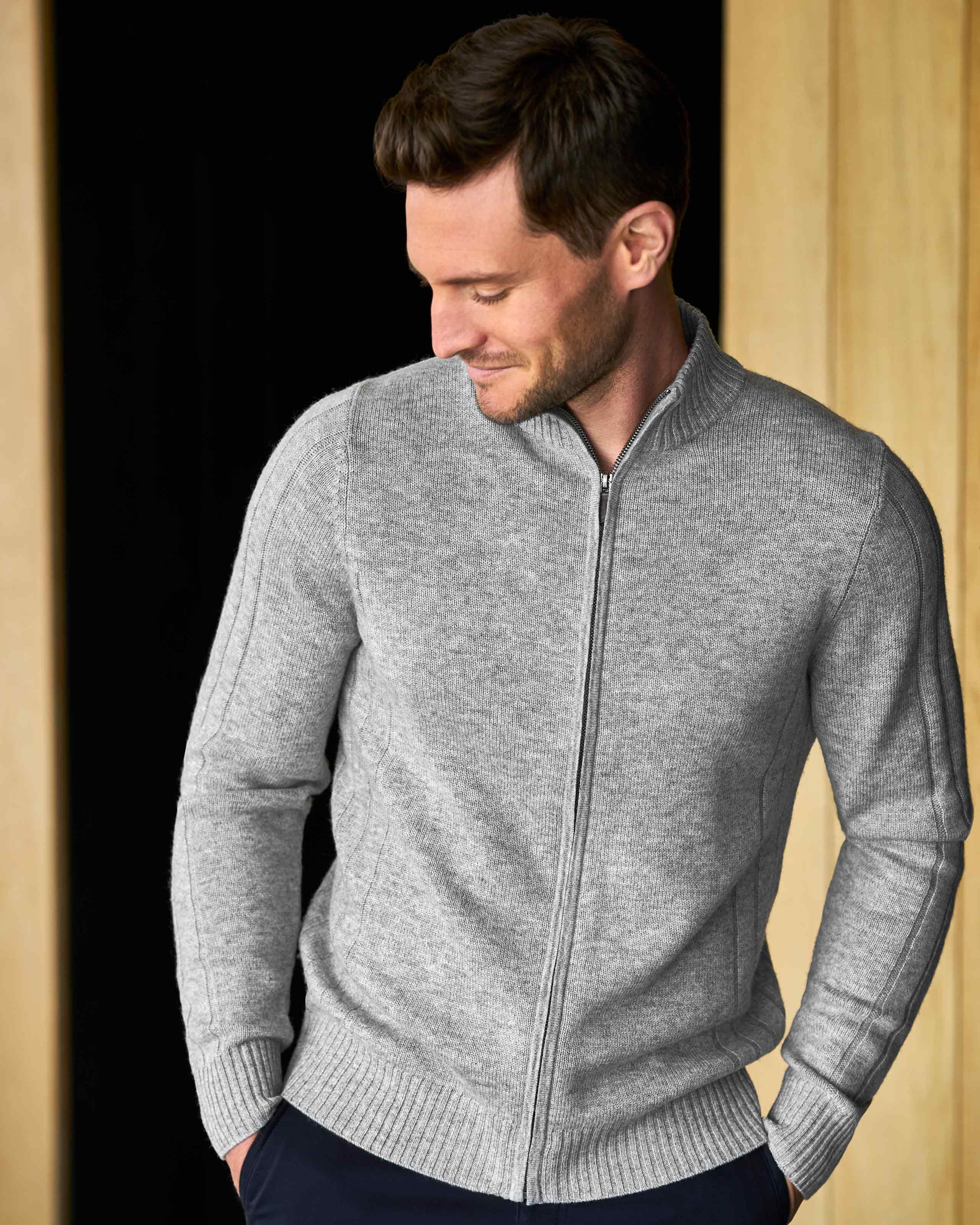 Heather Grey | Wool Cashmere Ribbed Zip Through | Pure Collection