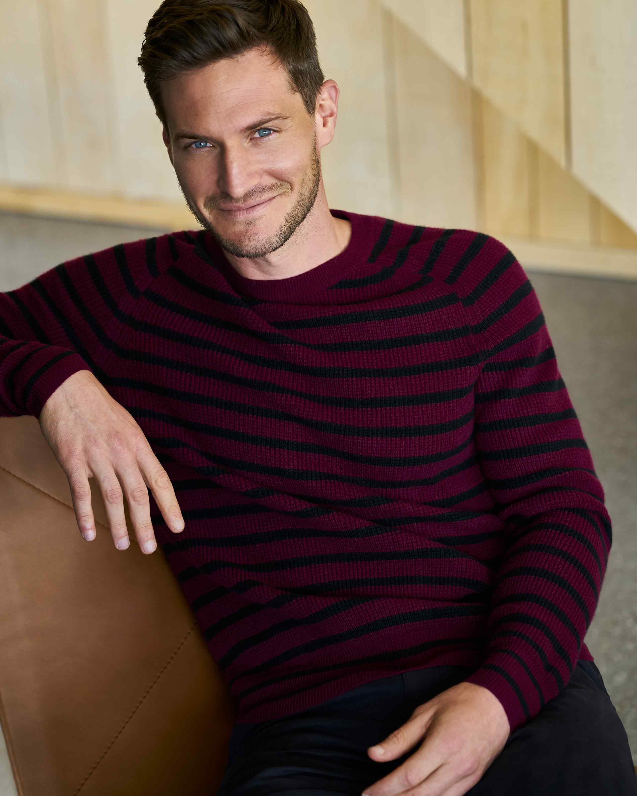Merlot/Black Stripe | Mens Cashmere Merlot Striped Sweater | Pure ...