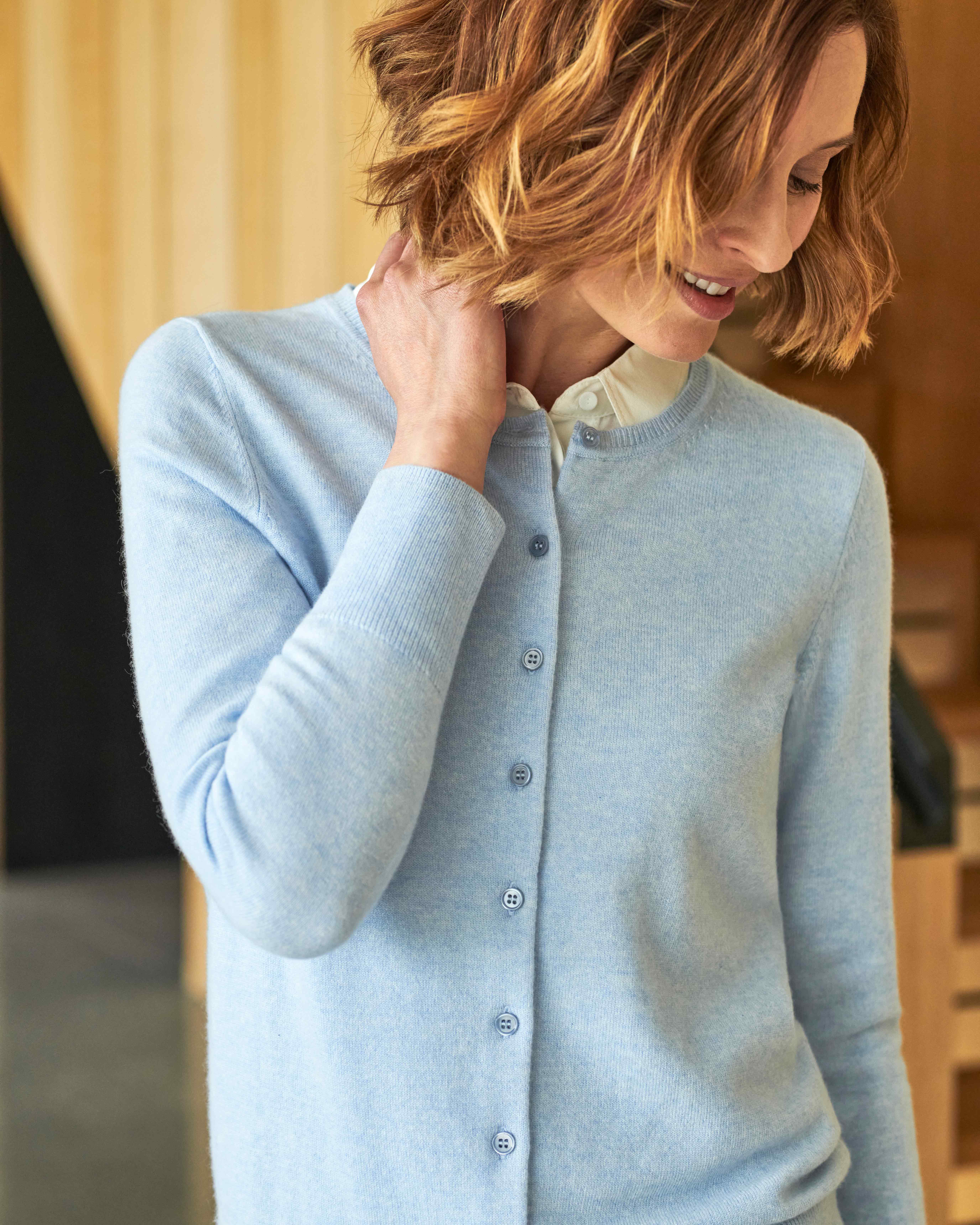 Cloud Blue | Cashmere Crew Neck Cardigan | Pure Collection