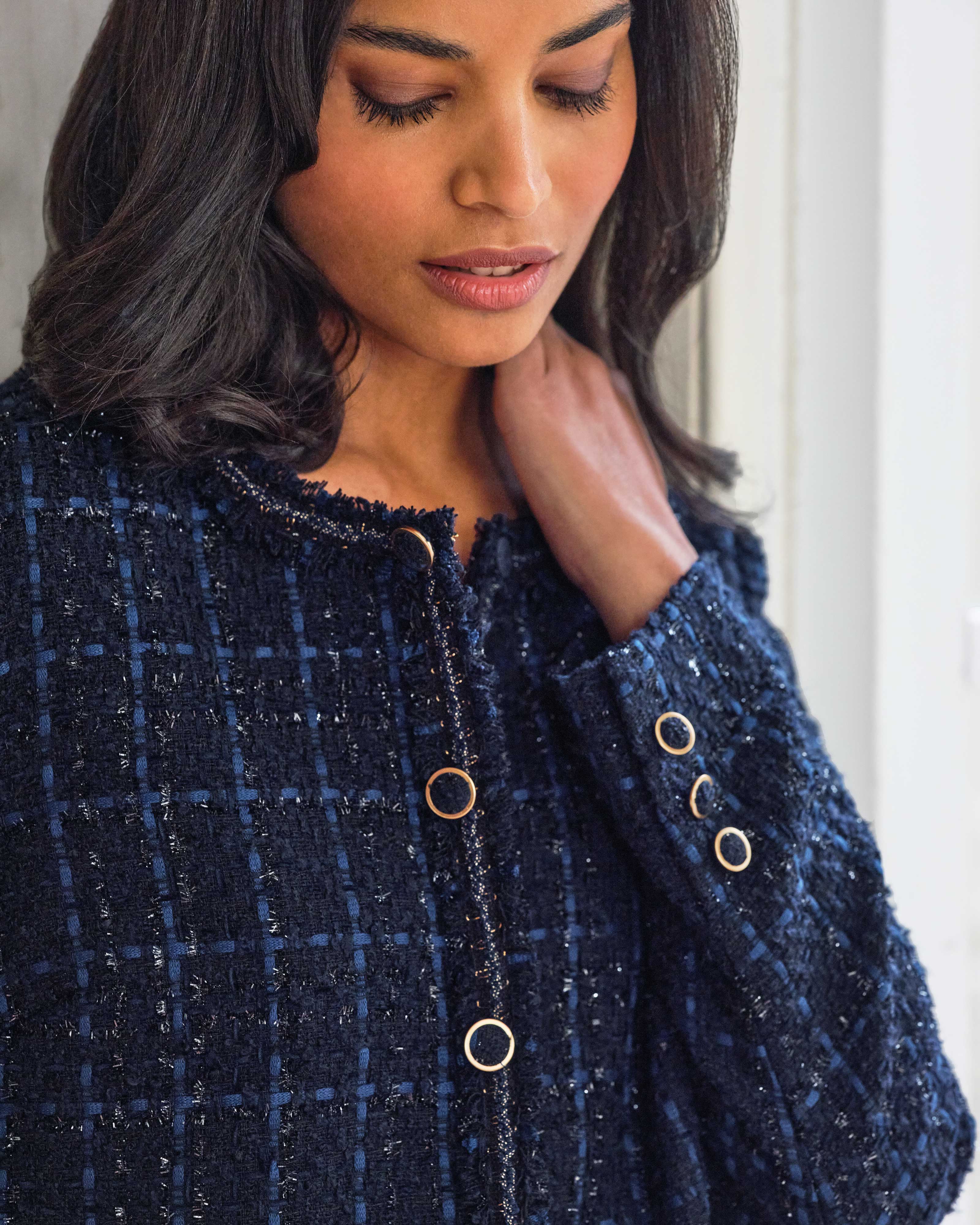 Navy Metallic | Lurex Trim Boucle Jacket | Pure Collection