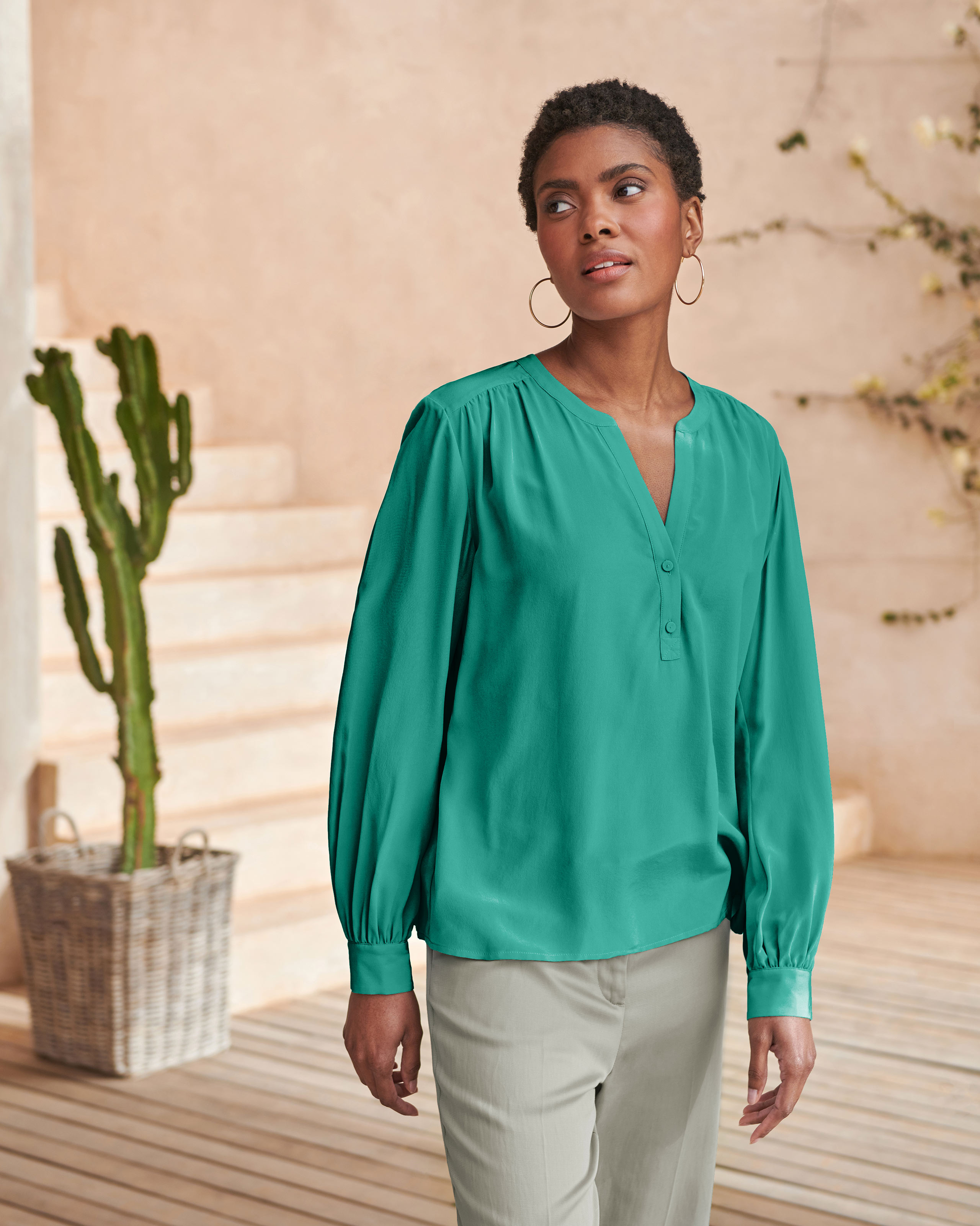 Teal | Washed Silk Notch Neck Blouse | Pure Collection
